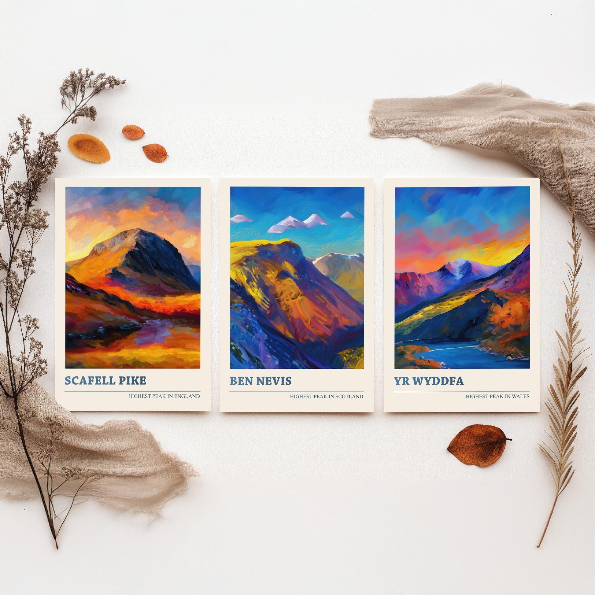 Scafell Pike Ben Nevis Yr Wyddfa Set of Three Art Prints - 3 UK Mountain Posters - Sunset Oil Painting Landscape Gift Wales England
