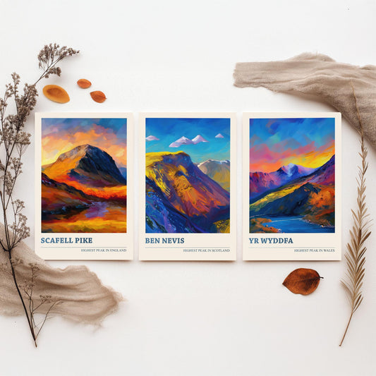 Scafell Pike Ben Nevis Yr Wyddfa Set of Three Art Prints - 3 UK Mountain Posters - Sunset Oil Painting Landscape Gift Wales England