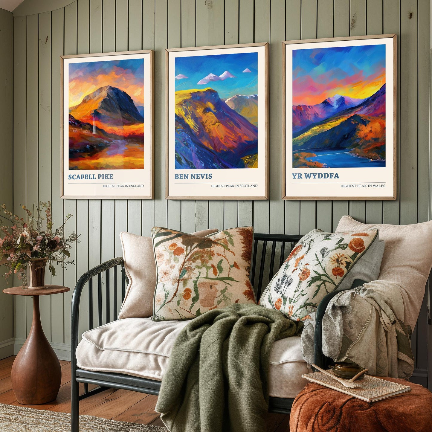 Scafell Pike Ben Nevis Yr Wyddfa Set of Three Art Prints - 3 UK Mountain Posters - Sunset Oil Painting Landscape Gift Wales England