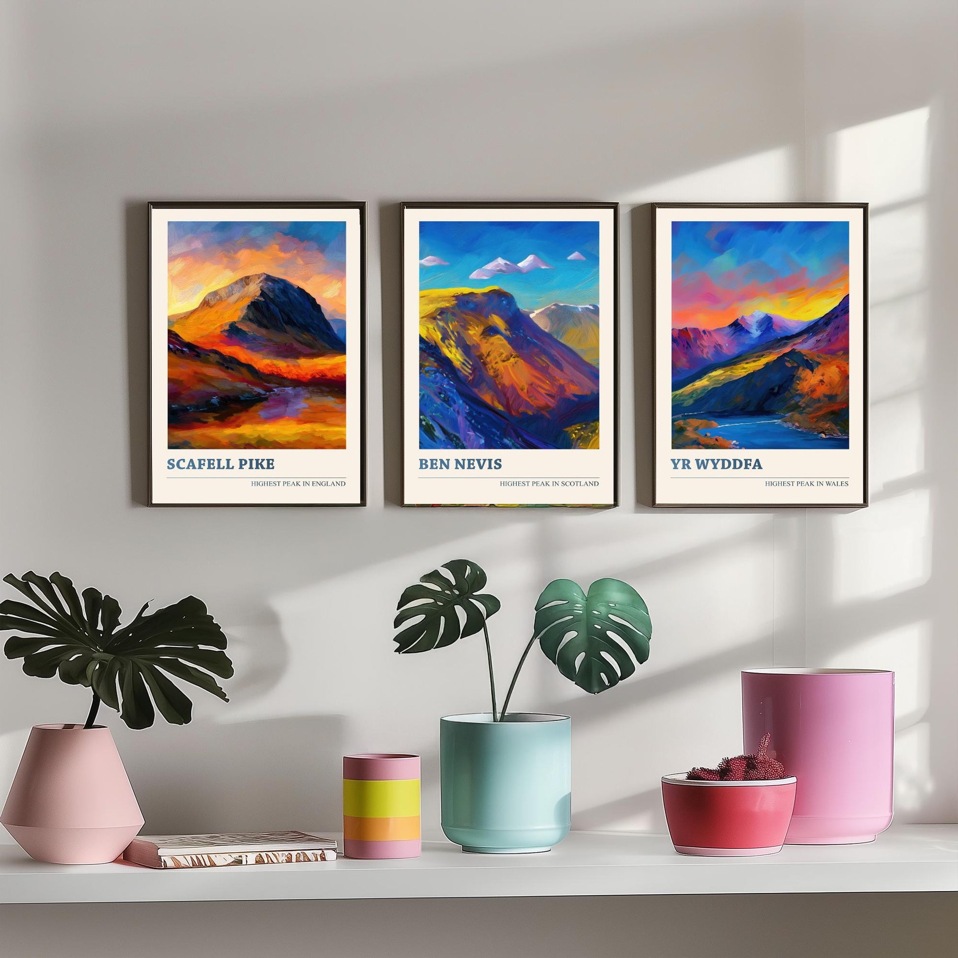 Scafell Pike Ben Nevis Yr Wyddfa Set of Three Art Prints - 3 UK Mountain Posters - Sunset Oil Painting Landscape Gift Wales England