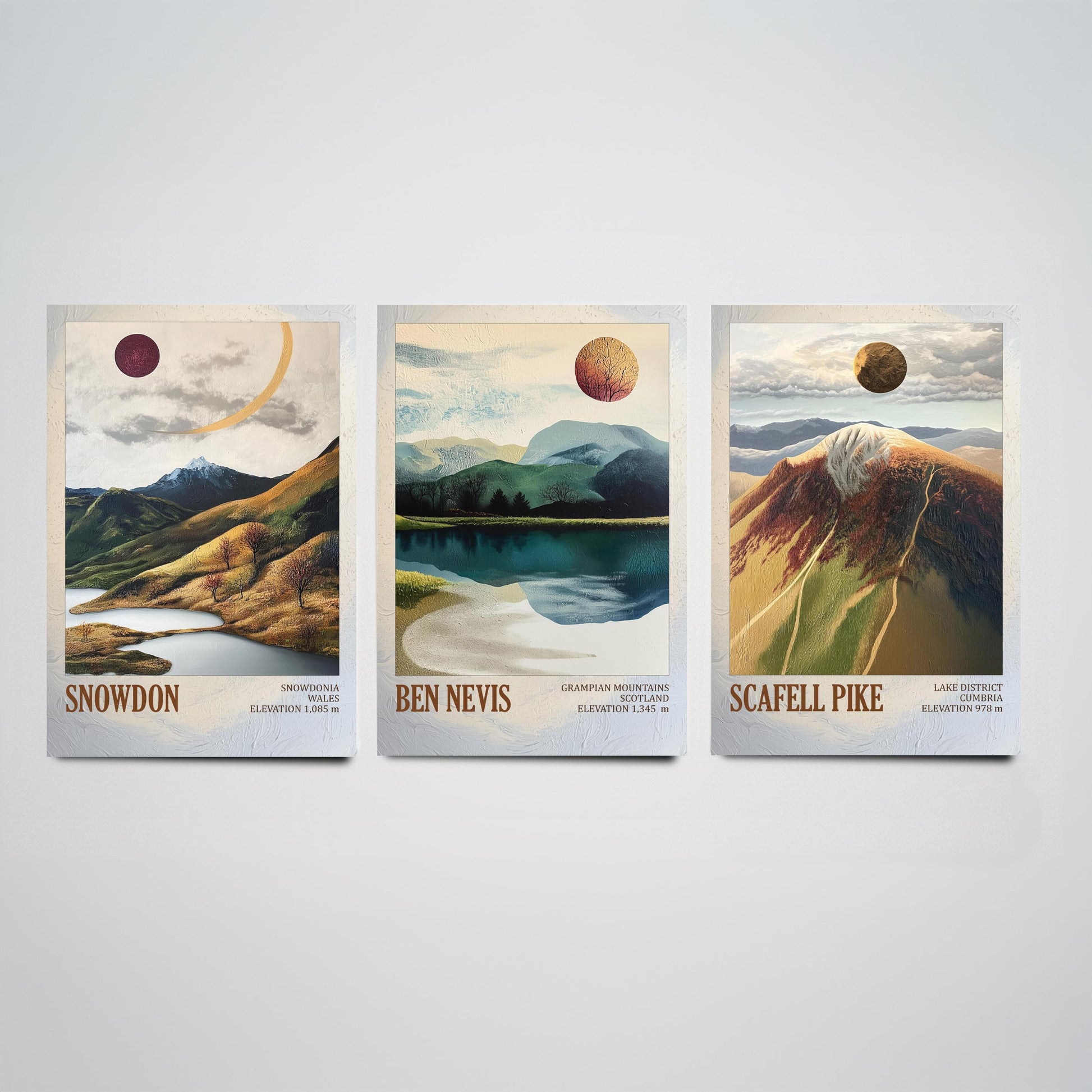 Three Peaks of Britain Set of Three Art Prints - Layers of Foil Snowdon Ben Nevis Scafell Pike - 3 Mountain Posters Painting Gift