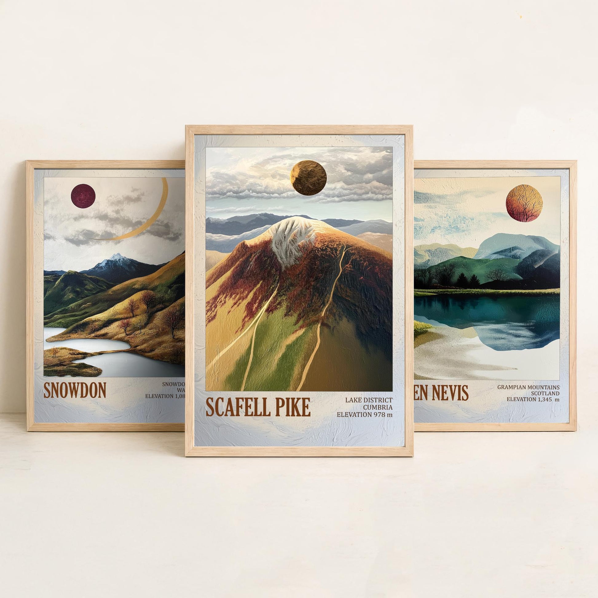 Three Peaks of Britain Set of Three Art Prints - Layers of Foil Snowdon Ben Nevis Scafell Pike - 3 Mountain Posters Painting Gift