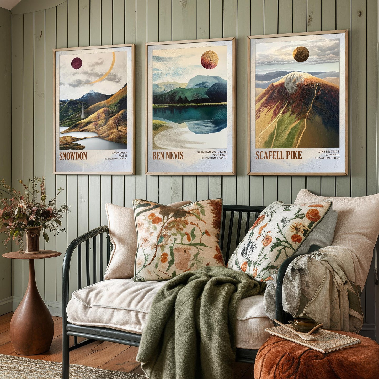 Three Peaks of Britain Set of Three Art Prints - Layers of Foil Snowdon Ben Nevis Scafell Pike - 3 Mountain Posters Painting Gift
