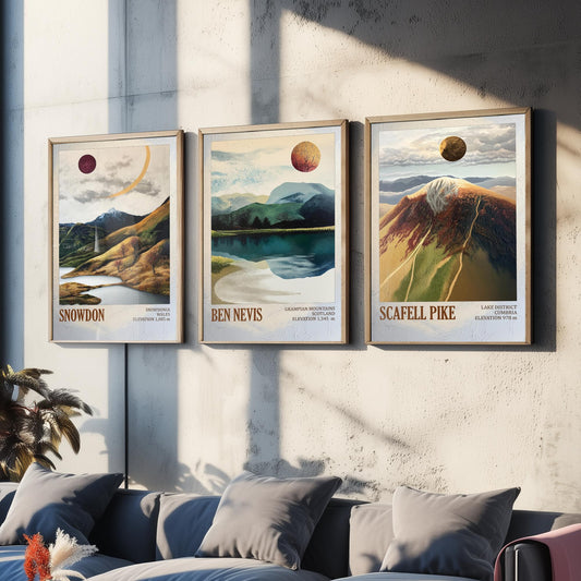 Three Peaks of Britain Set of Three Art Prints - Layers of Foil Snowdon Ben Nevis Scafell Pike - 3 Mountain Posters Painting Gift