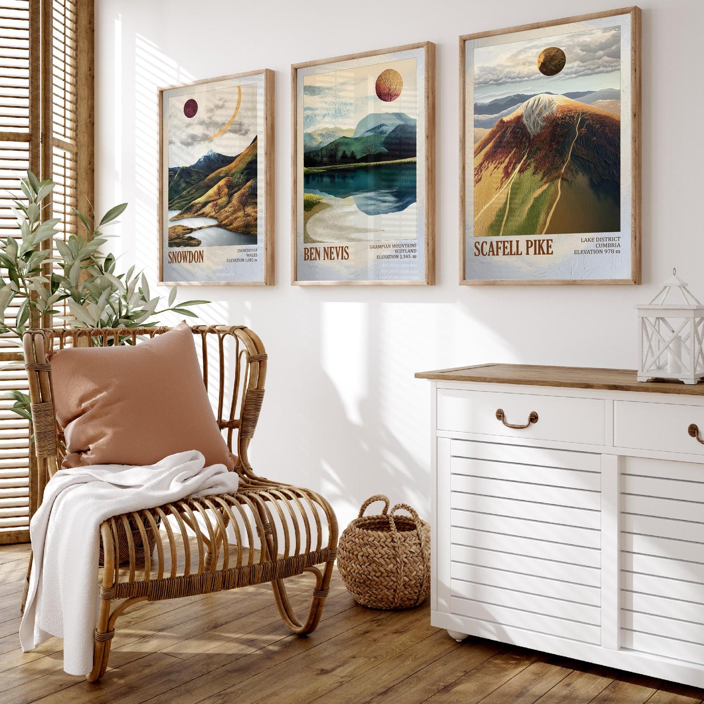 Three Peaks of Britain Set of Three Art Prints - Layers of Foil Snowdon Ben Nevis Scafell Pike - 3 Mountain Posters Painting Gift