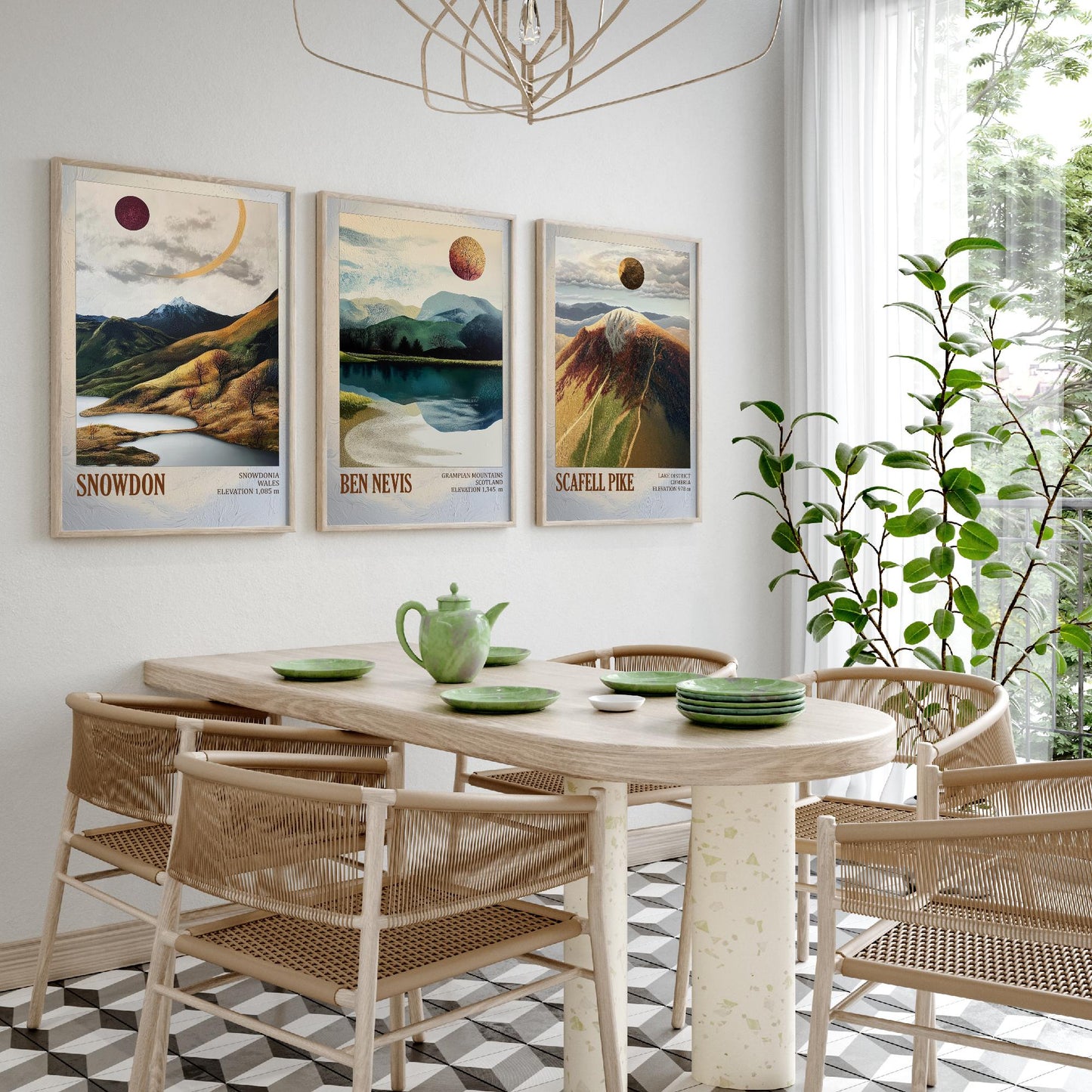 Three Peaks of Britain Set of Three Art Prints - Layers of Foil Snowdon Ben Nevis Scafell Pike - 3 Mountain Posters Painting Gift