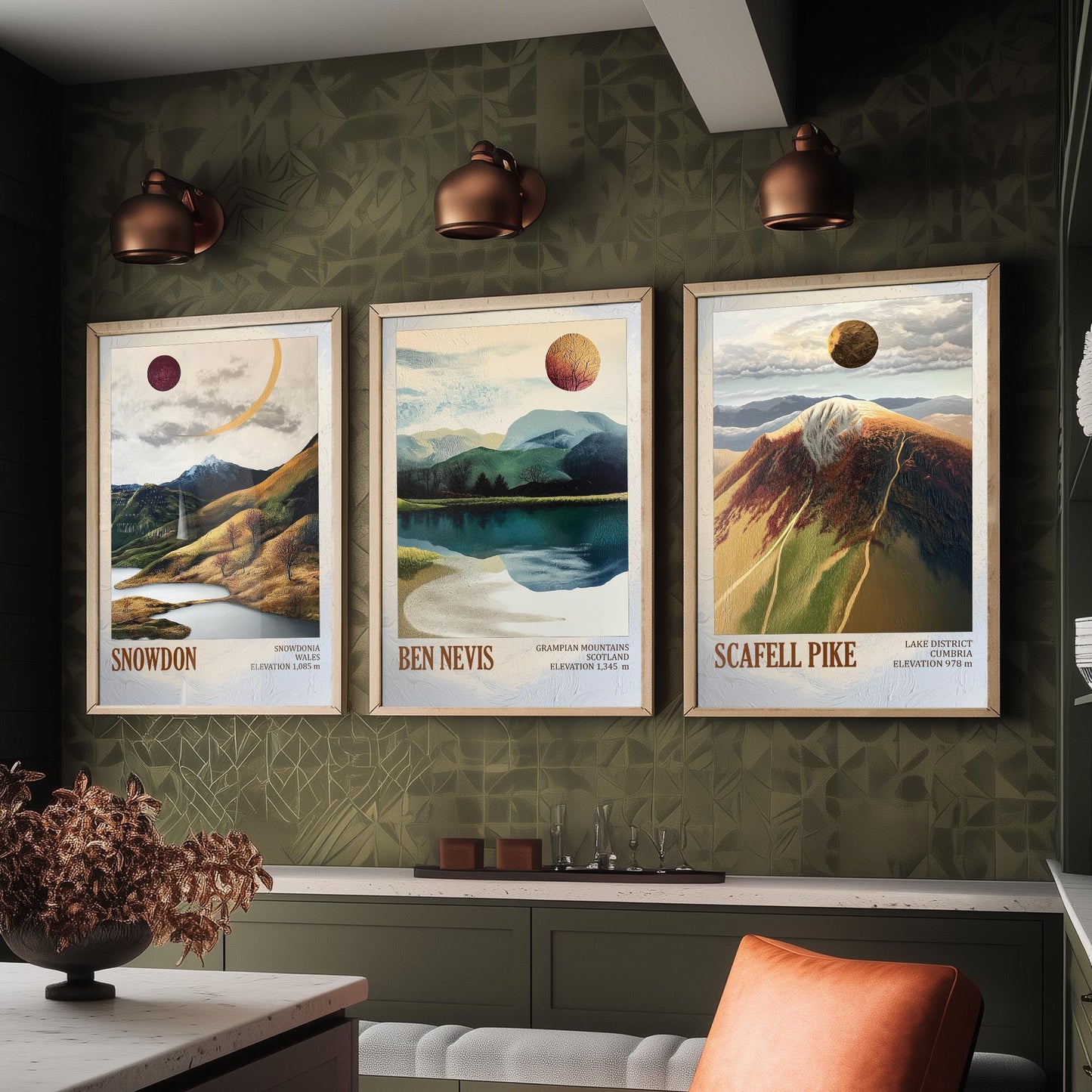 Three Peaks of Britain Set of Three Art Prints - Layers of Foil Snowdon Ben Nevis Scafell Pike - 3 Mountain Posters Painting Gift