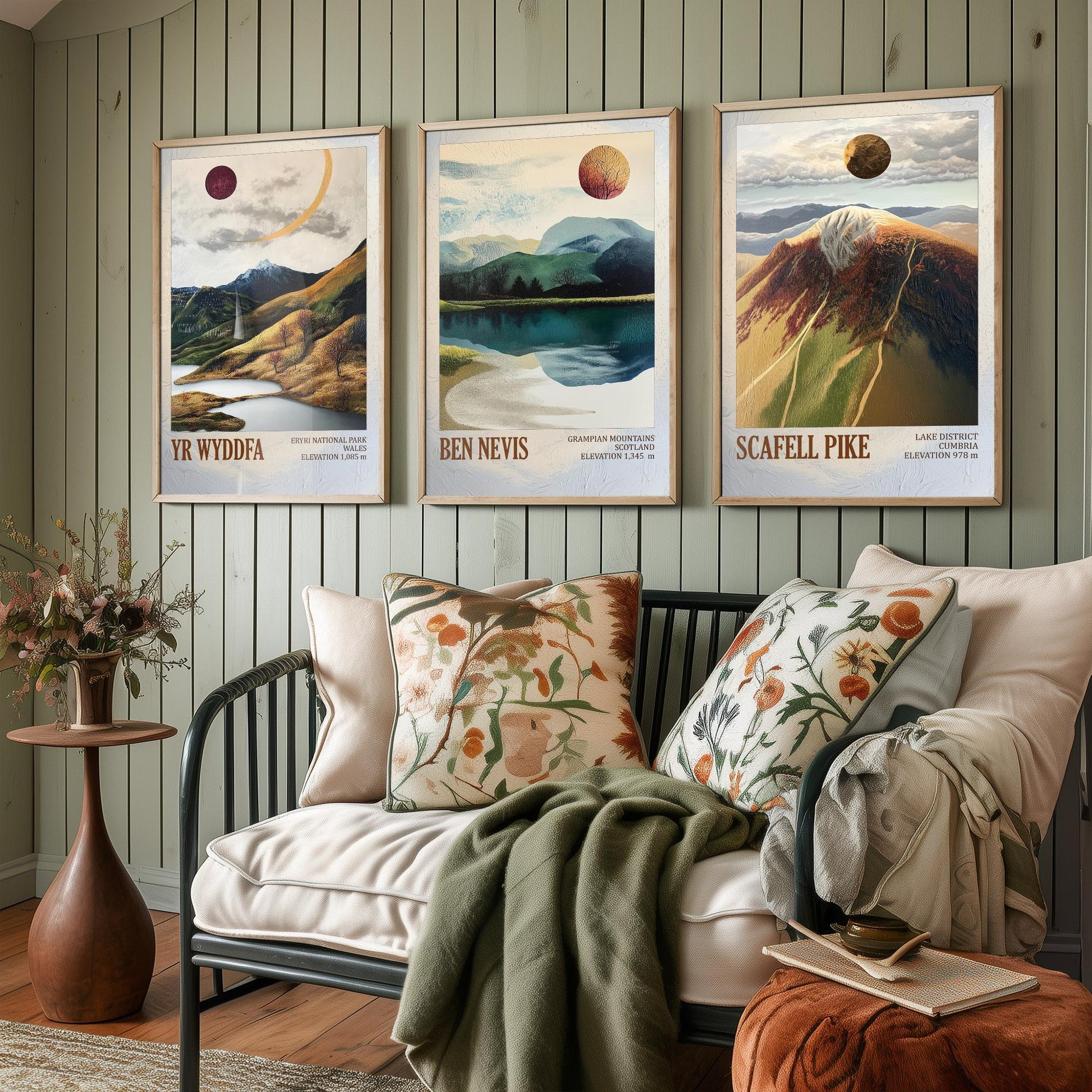 Yr Wyddfa Ben Nevis Scafell Pike Set of Three Art Prints - Layers of Foil UK Three Peaks - 3 Mountain Posters Painting Cymru Wales