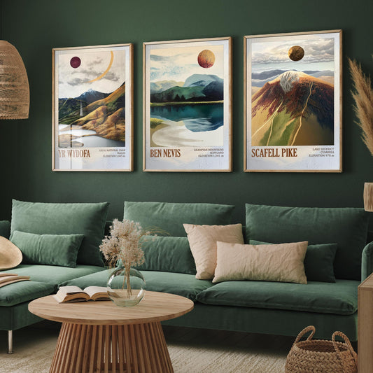 Yr Wyddfa Ben Nevis Scafell Pike Set of Three Art Prints - Layers of Foil UK Three Peaks - 3 Mountain Posters Painting Cymru Wales