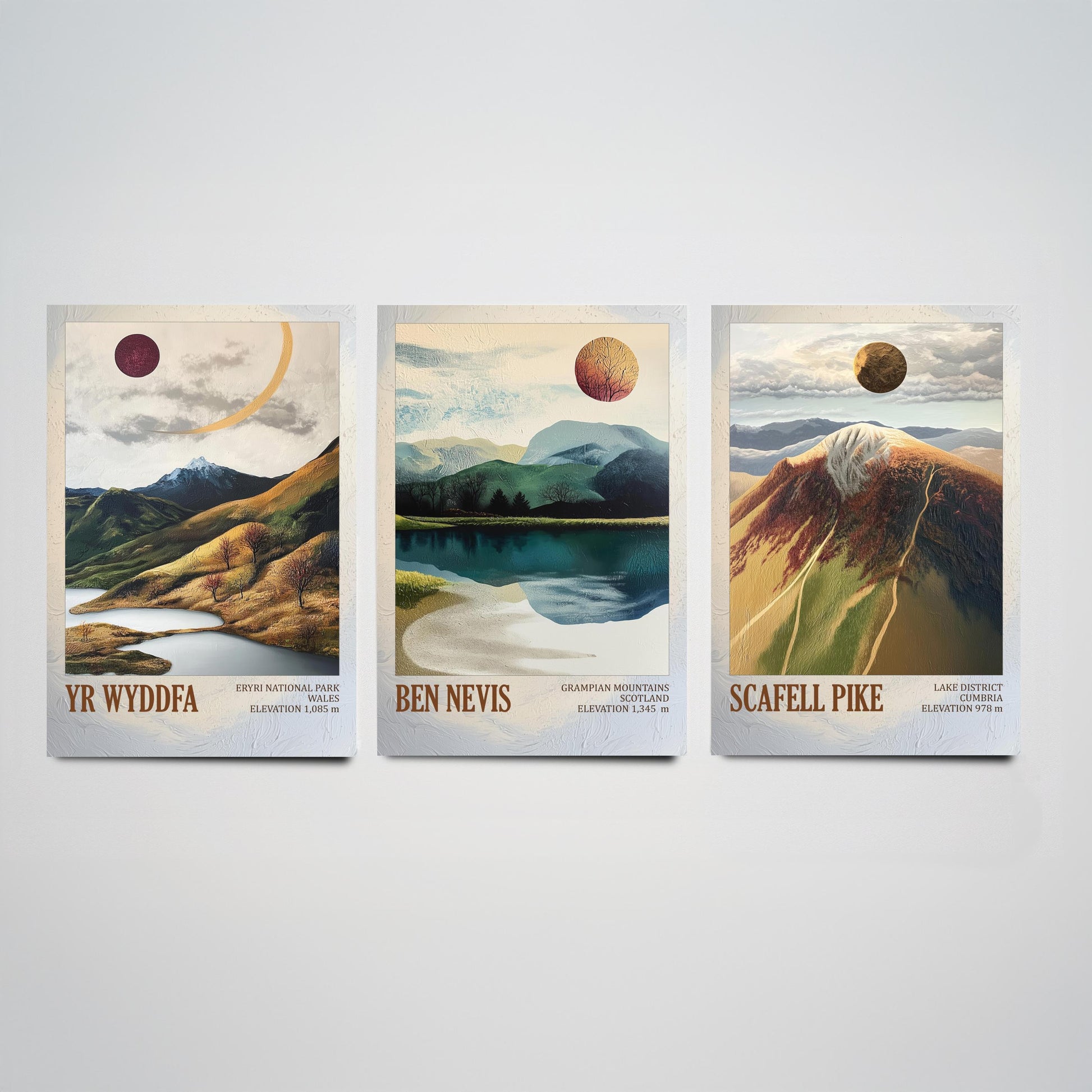 Yr Wyddfa Ben Nevis Scafell Pike Set of Three Art Prints - Layers of Foil UK Three Peaks - 3 Mountain Posters Painting Cymru Wales