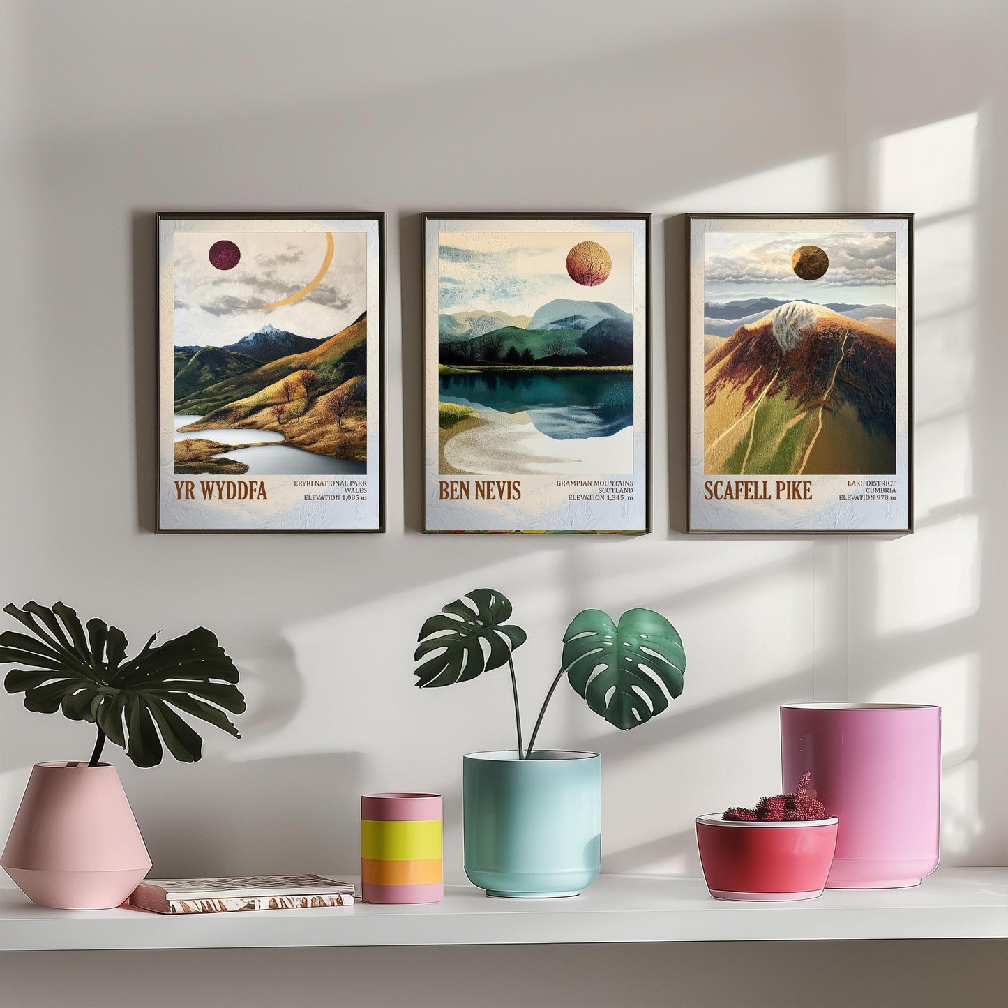 Yr Wyddfa Ben Nevis Scafell Pike Set of Three Art Prints - Layers of Foil UK Three Peaks - 3 Mountain Posters Painting Cymru Wales