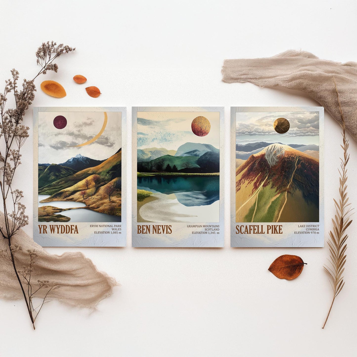 Yr Wyddfa Ben Nevis Scafell Pike Set of Three Art Prints - Layers of Foil UK Three Peaks - 3 Mountain Posters Painting Cymru Wales