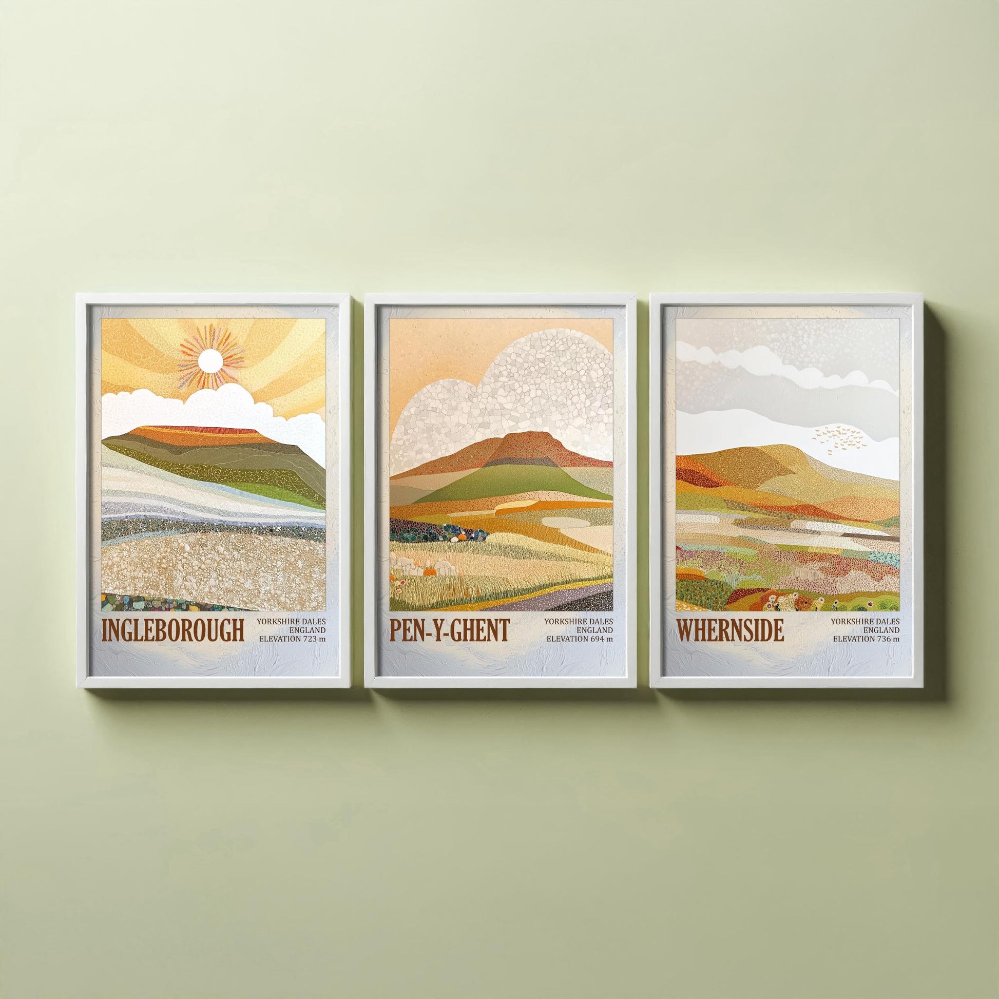 Three Peaks of Yorkshire Set of Three Art Prints - Layers of Foil Ingleborough Pen-y-ghent Whernside - 3 Mountain Posters Painting V1