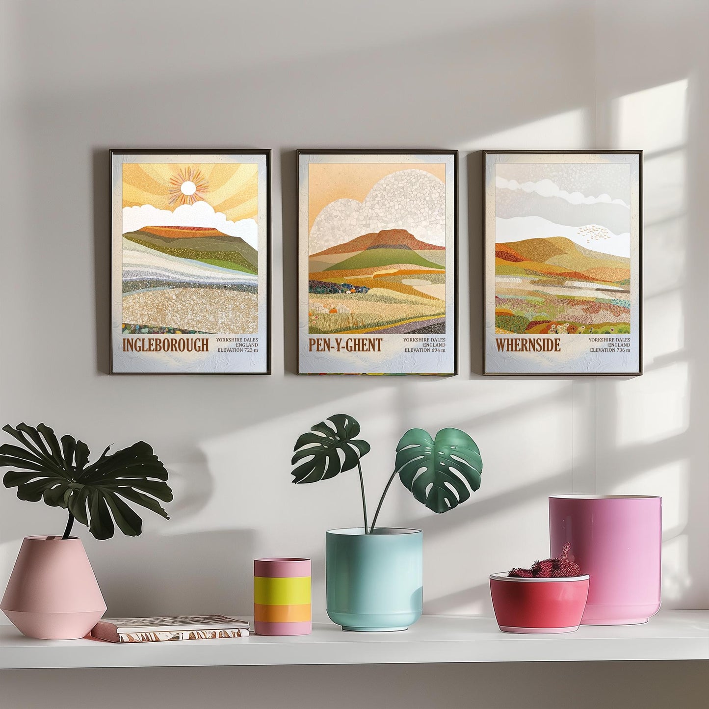 Three Peaks of Yorkshire Set of Three Art Prints - Layers of Foil Ingleborough Pen-y-ghent Whernside - 3 Mountain Posters Painting V1