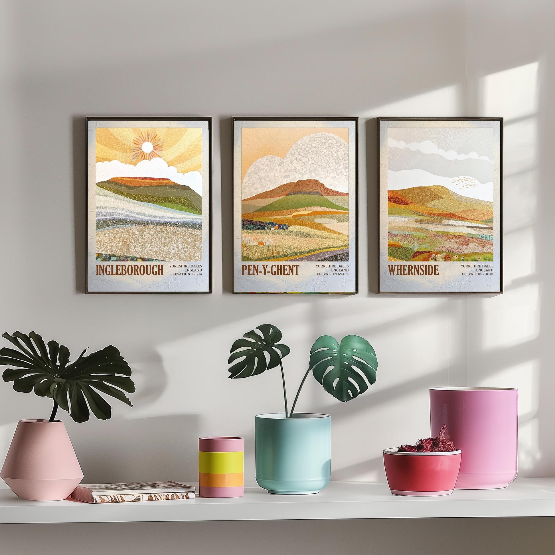 Three Peaks of Yorkshire Set of Three Art Prints - Layers of Foil Ingleborough Pen-y-ghent Whernside - 3 Mountain Posters Painting V1