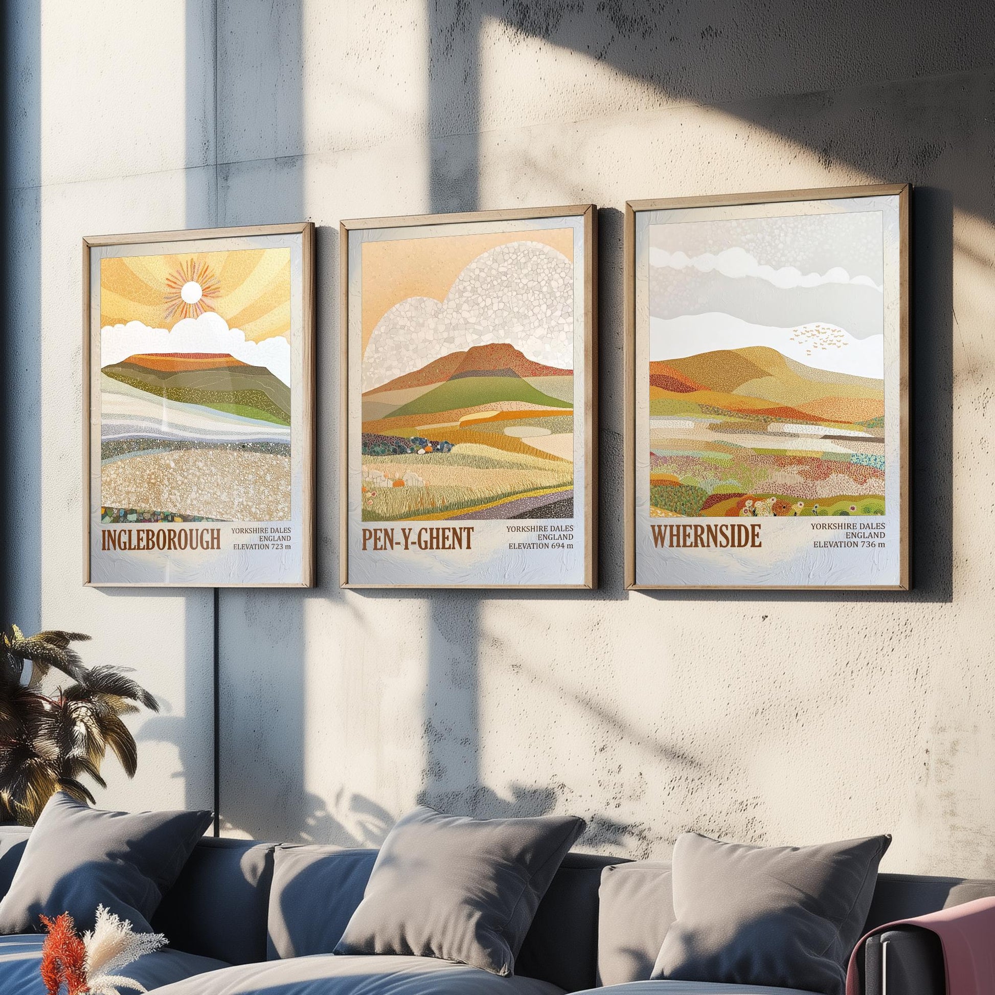 Three Peaks of Yorkshire Set of Three Art Prints - Layers of Foil Ingleborough Pen-y-ghent Whernside - 3 Mountain Posters Painting V1