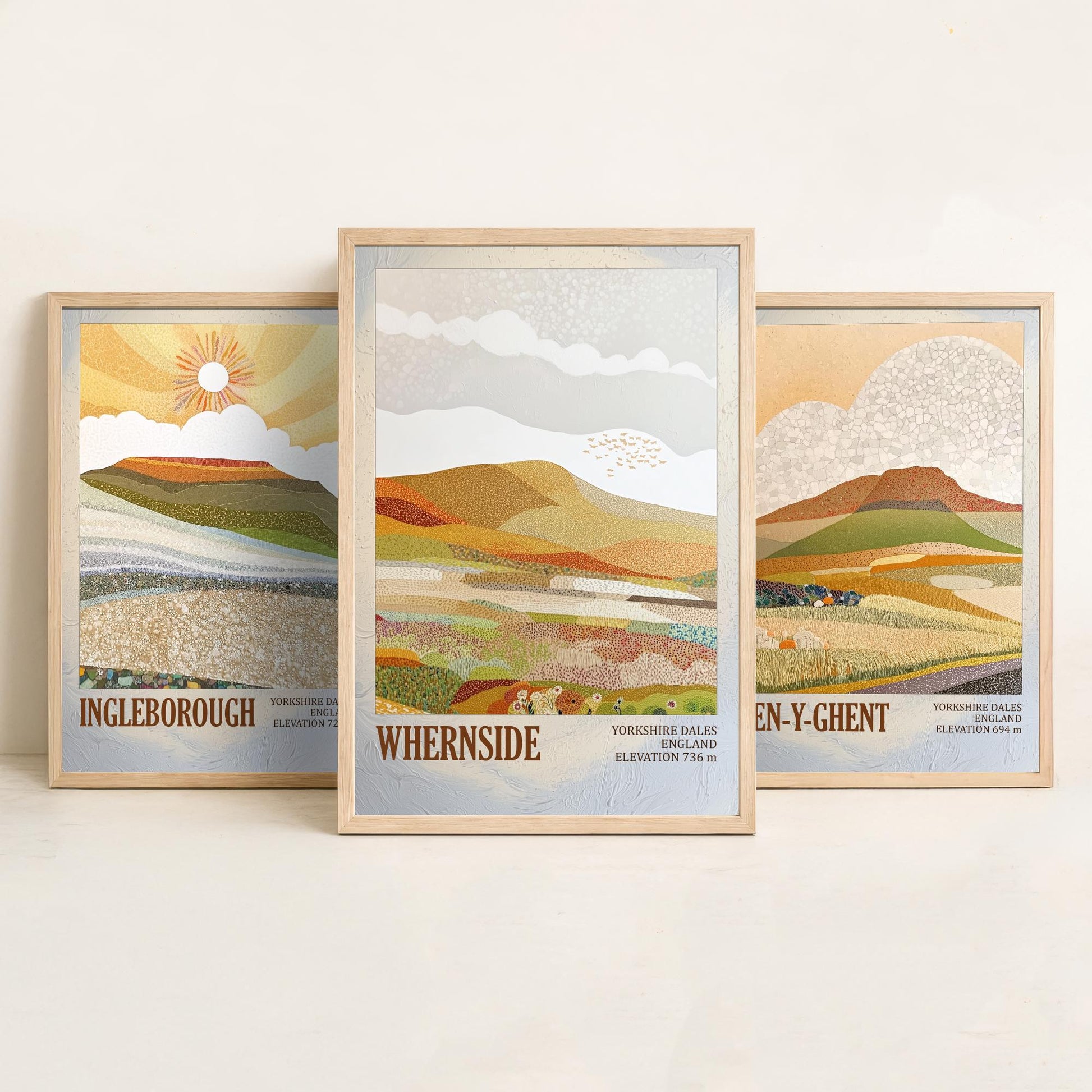 Three Peaks of Yorkshire Set of Three Art Prints - Layers of Foil Ingleborough Pen-y-ghent Whernside - 3 Mountain Posters Painting V1