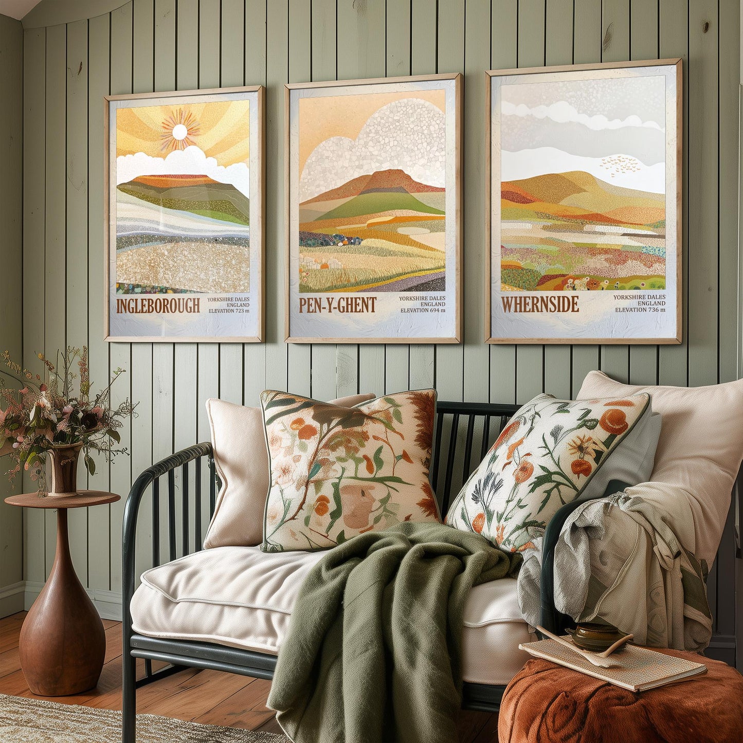 Three Peaks of Yorkshire Set of Three Art Prints - Layers of Foil Ingleborough Pen-y-ghent Whernside - 3 Mountain Posters Painting V1