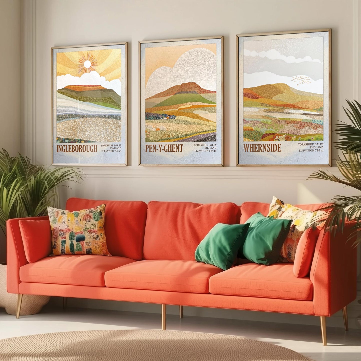 Three Peaks of Yorkshire Set of Three Art Prints - Layers of Foil Ingleborough Pen-y-ghent Whernside - 3 Mountain Posters Painting V1