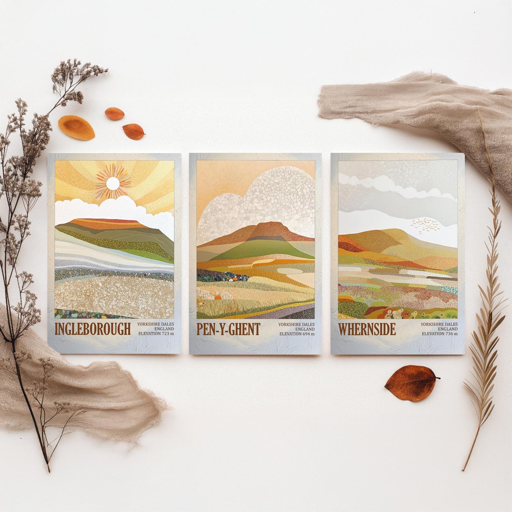 Three Peaks of Yorkshire Set of Three Art Prints - Layers of Foil Ingleborough Pen-y-ghent Whernside - 3 Mountain Posters Painting V1