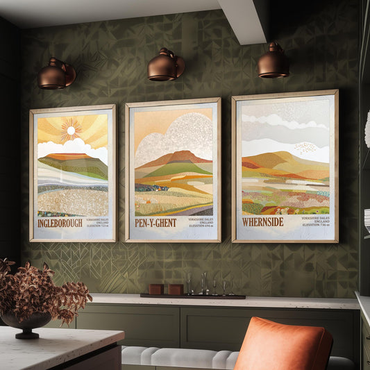 Three Peaks of Yorkshire Set of Three Art Prints - Layers of Foil Ingleborough Pen-y-ghent Whernside - 3 Mountain Posters Painting V1