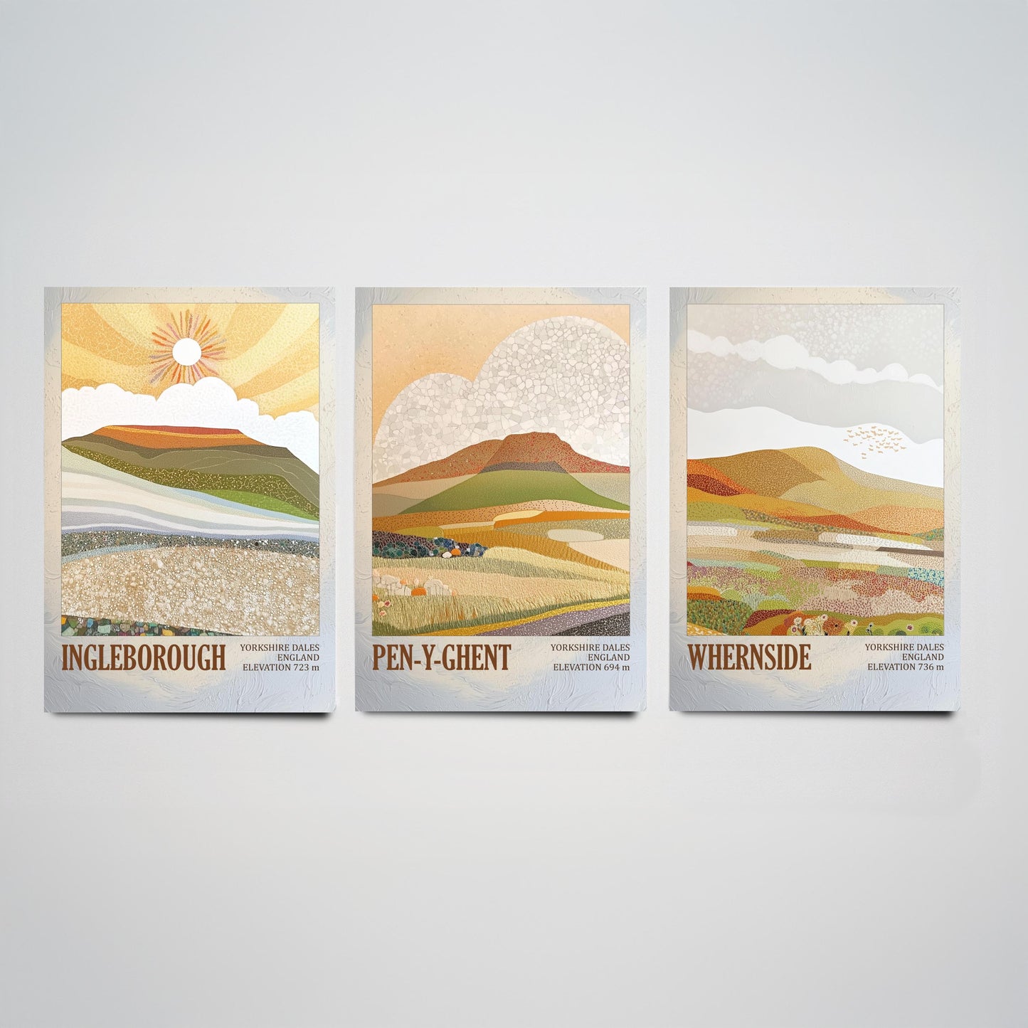 Three Peaks of Yorkshire Set of Three Art Prints - Layers of Foil Ingleborough Pen-y-ghent Whernside - 3 Mountain Posters Painting V1