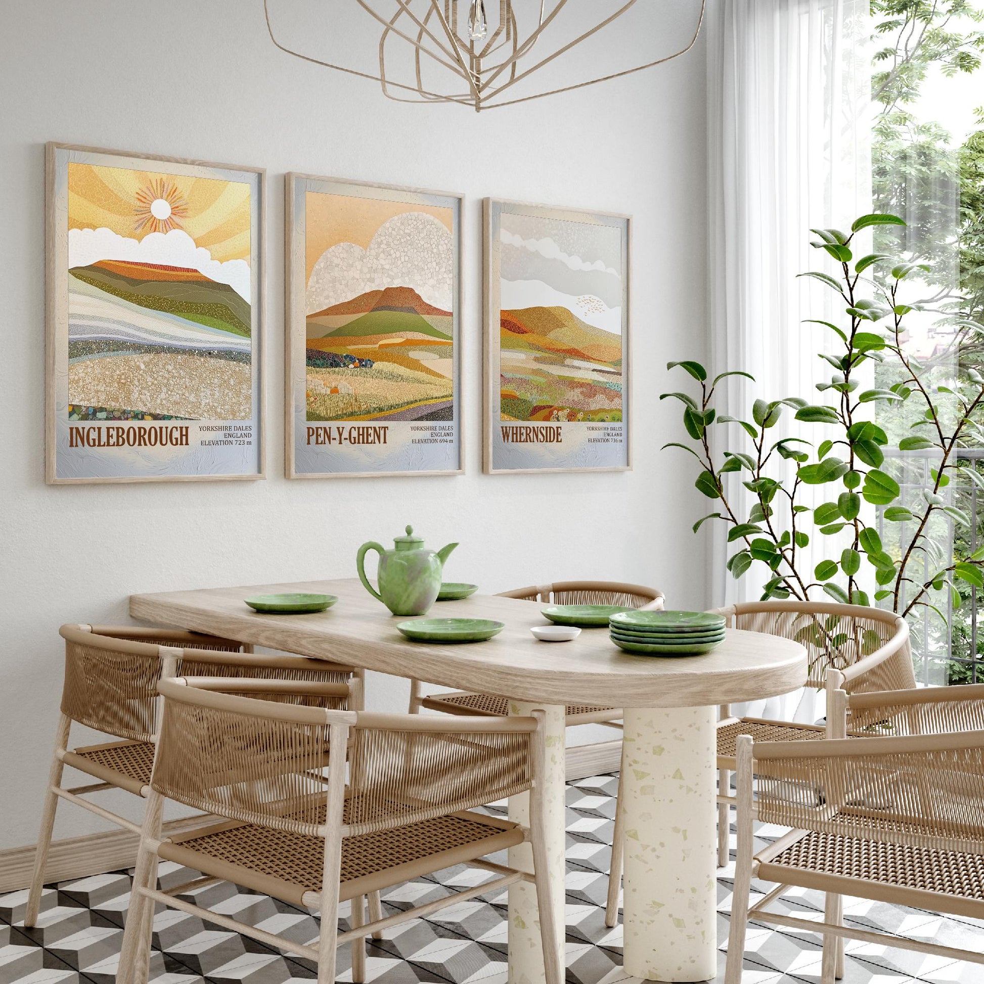 Three Peaks of Yorkshire Set of Three Art Prints - Layers of Foil Ingleborough Pen-y-ghent Whernside - 3 Mountain Posters Painting V1