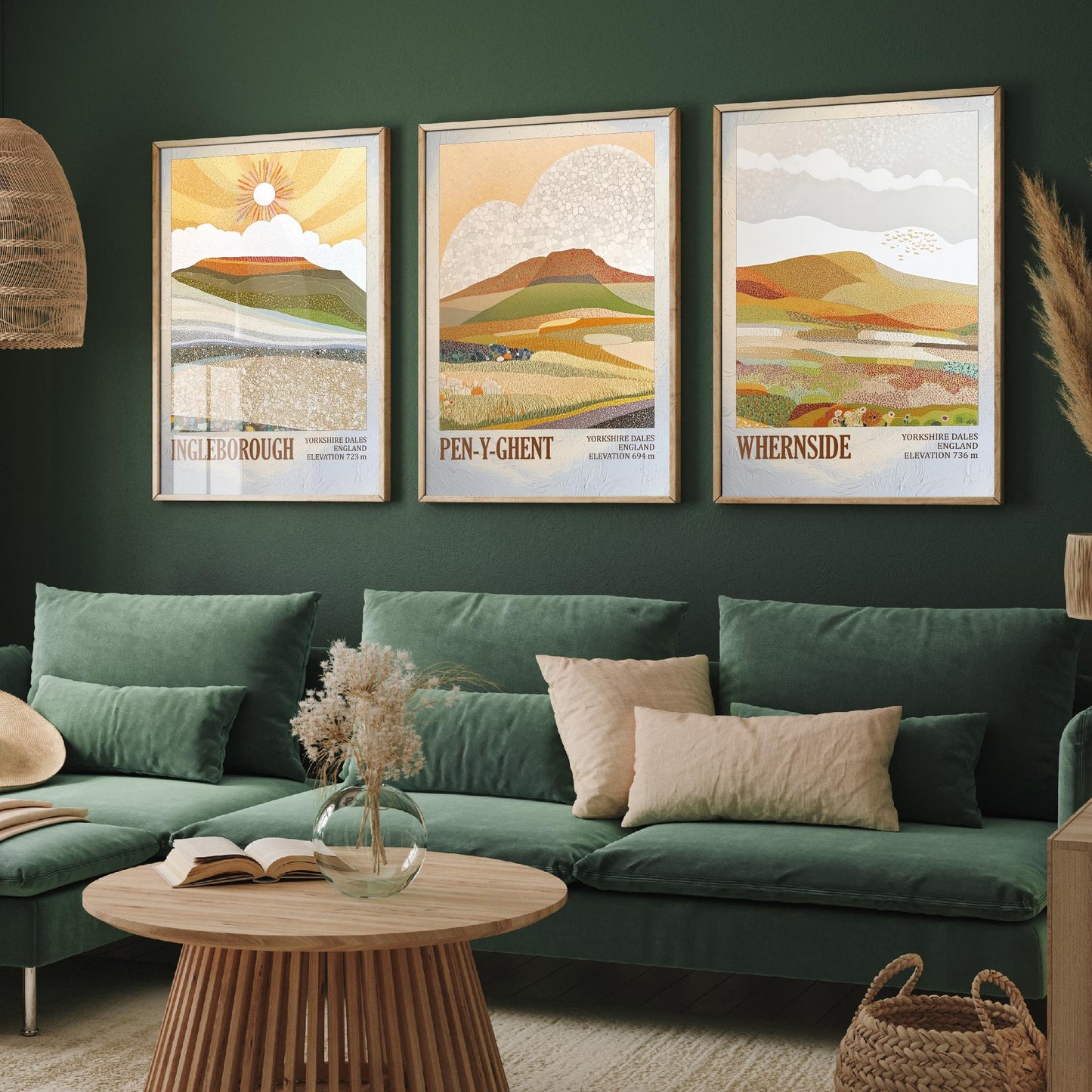 Three Peaks of Yorkshire Set of Three Art Prints - Layers of Foil Ingleborough Pen-y-ghent Whernside - 3 Mountain Posters Painting V1