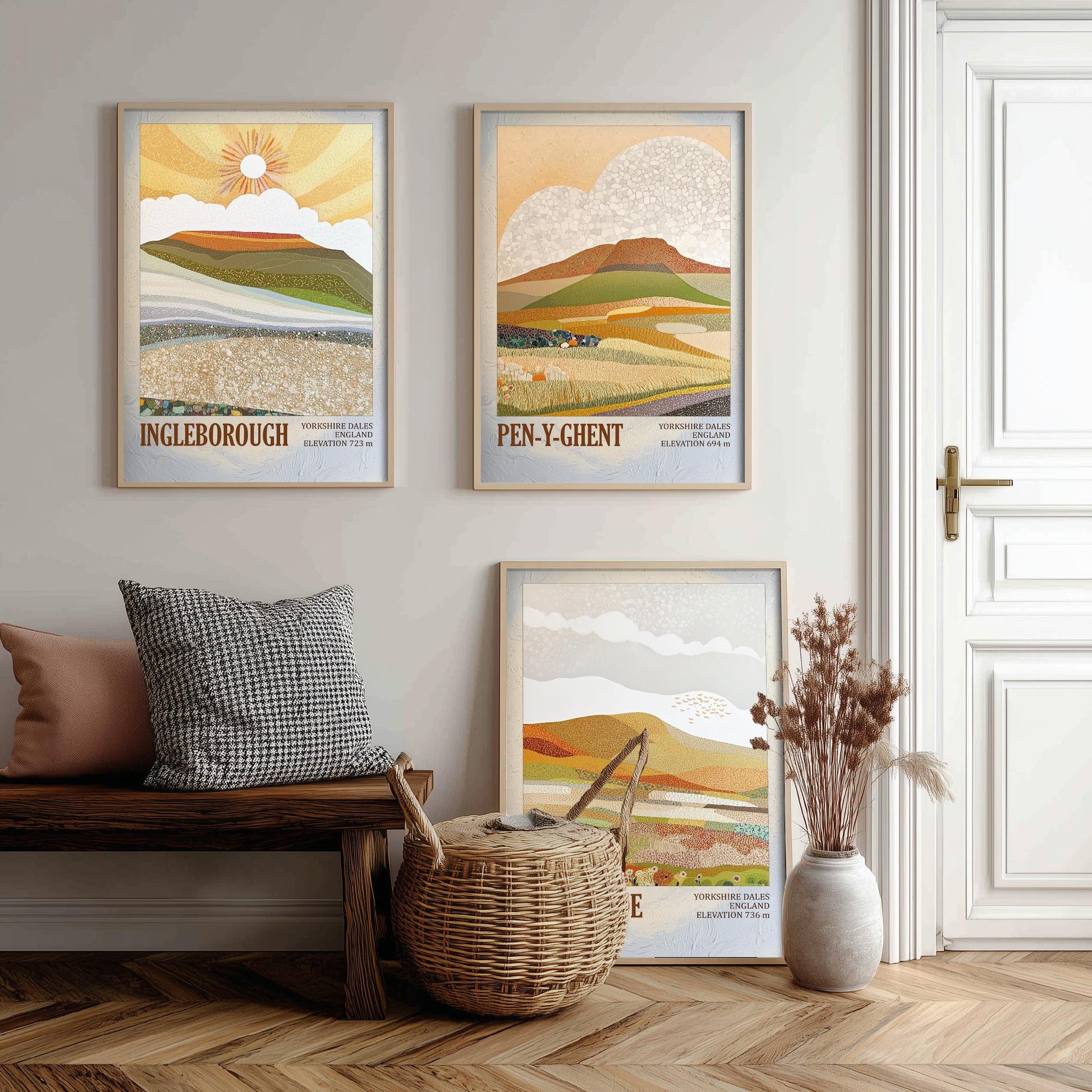 Three Peaks of Yorkshire Set of Three Art Prints - Layers of Foil Ingleborough Pen-y-ghent Whernside - 3 Mountain Posters Painting V1