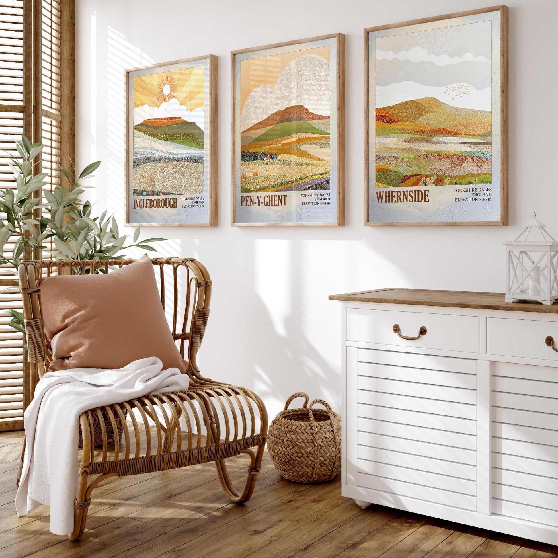 Three Peaks of Yorkshire Set of Three Art Prints - Layers of Foil Ingleborough Pen-y-ghent Whernside - 3 Mountain Posters Painting V1
