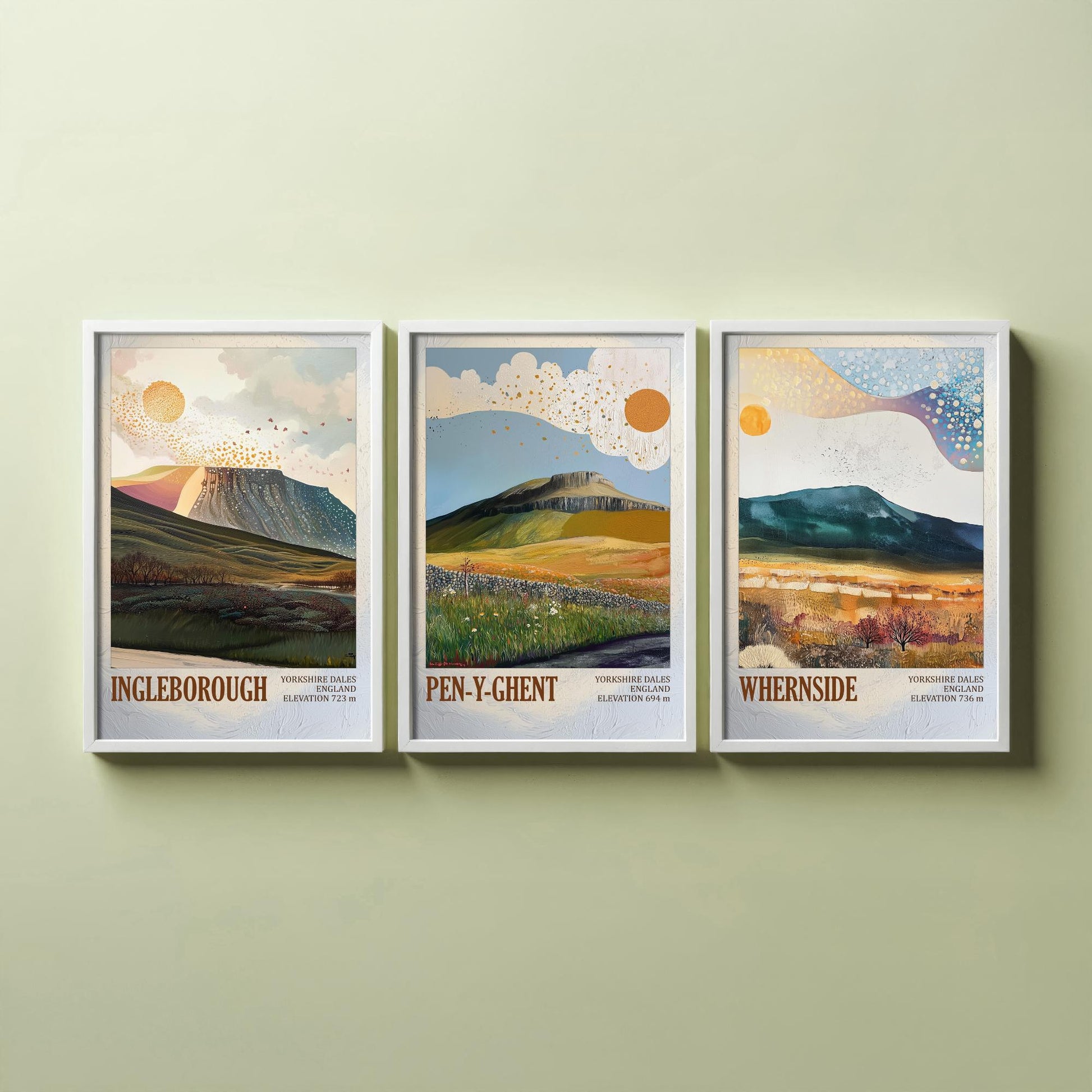 Yorkshire Three Peaks Set of Three Art Prints - Layers of Foil Ingleborough Pen-y-ghent Whernside - 3 Dales Mountain Posters Painting V2