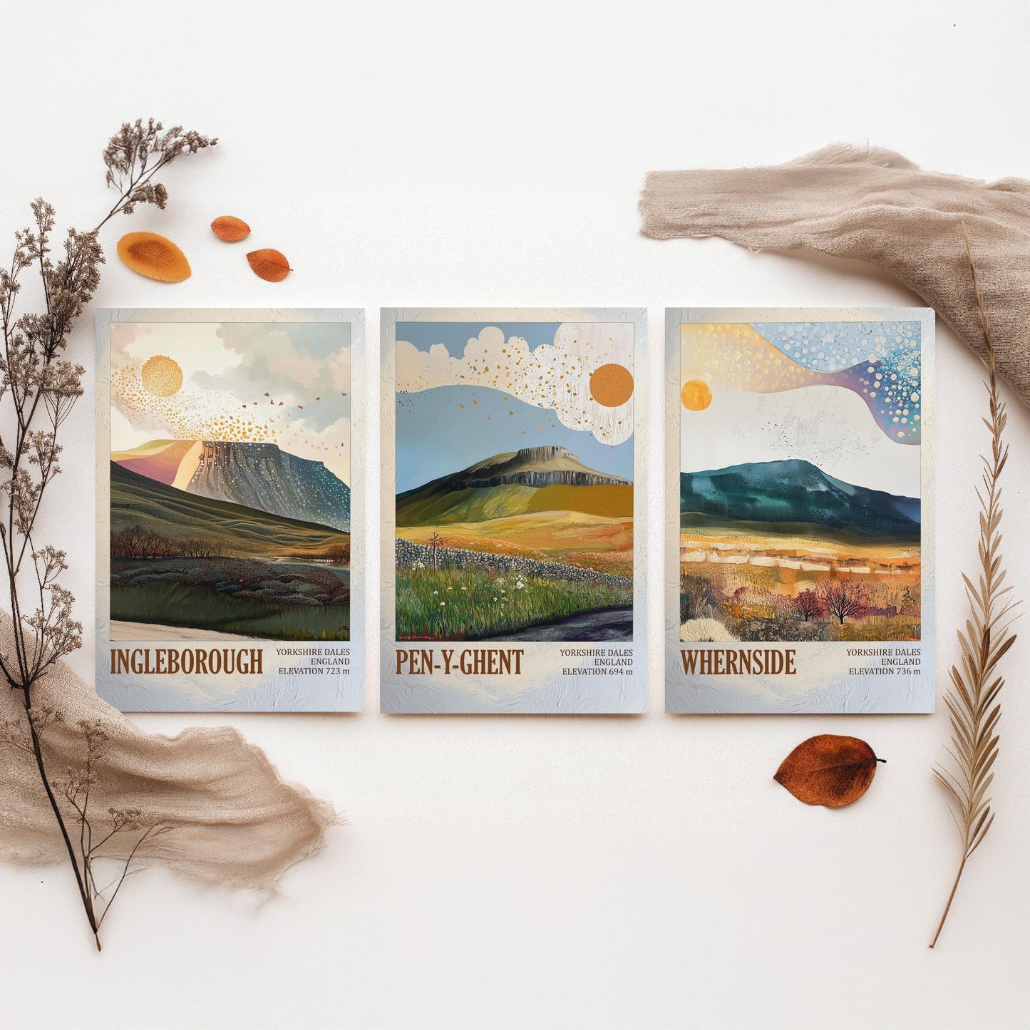 Yorkshire Three Peaks Set of Three Art Prints - Layers of Foil Ingleborough Pen-y-ghent Whernside - 3 Dales Mountain Posters Painting V2