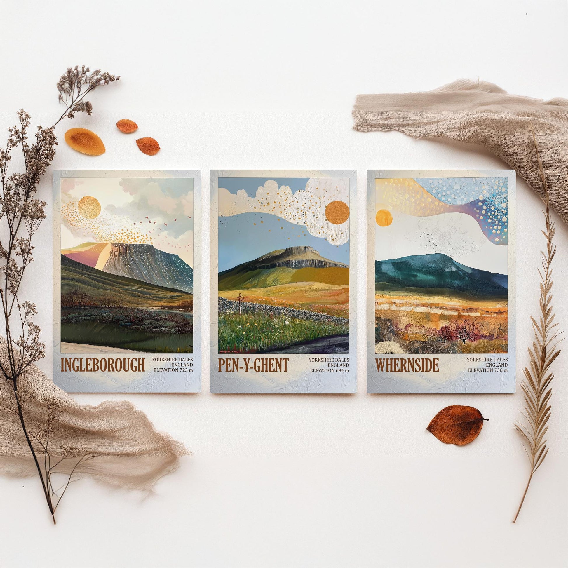Yorkshire Three Peaks Set of Three Art Prints - Layers of Foil Ingleborough Pen-y-ghent Whernside - 3 Dales Mountain Posters Painting V2