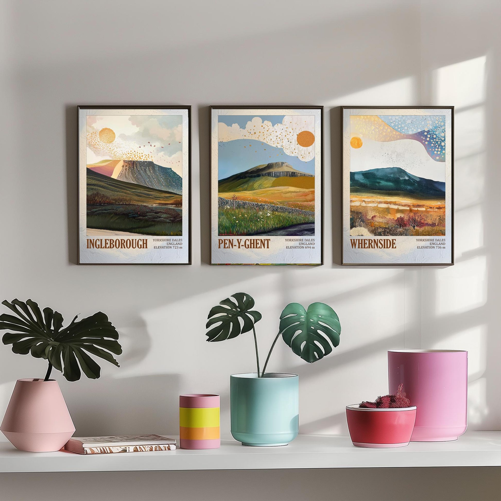 Yorkshire Three Peaks Set of Three Art Prints - Layers of Foil Ingleborough Pen-y-ghent Whernside - 3 Dales Mountain Posters Painting V2