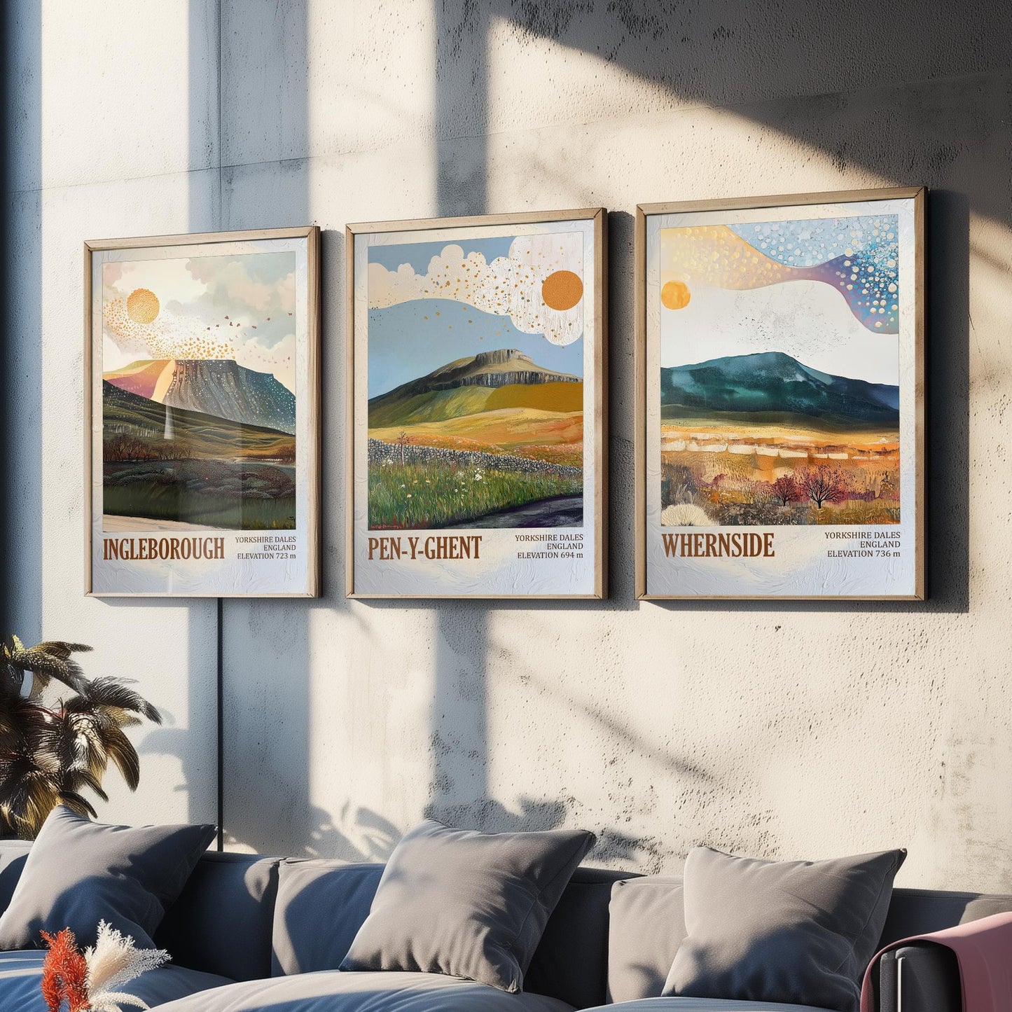 Yorkshire Three Peaks Set of Three Art Prints - Layers of Foil Ingleborough Pen-y-ghent Whernside - 3 Dales Mountain Posters Painting V2