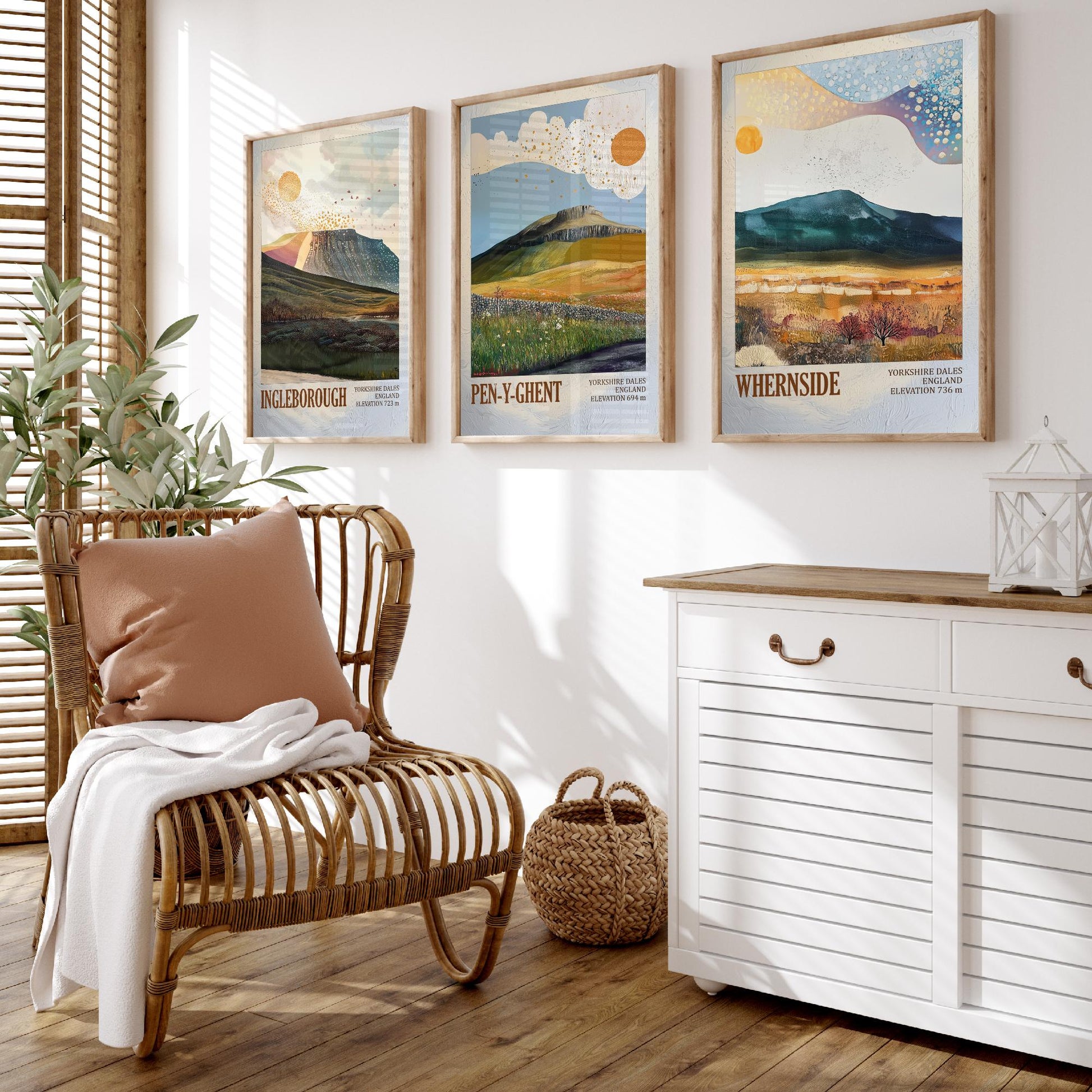 Yorkshire Three Peaks Set of Three Art Prints - Layers of Foil Ingleborough Pen-y-ghent Whernside - 3 Dales Mountain Posters Painting V2