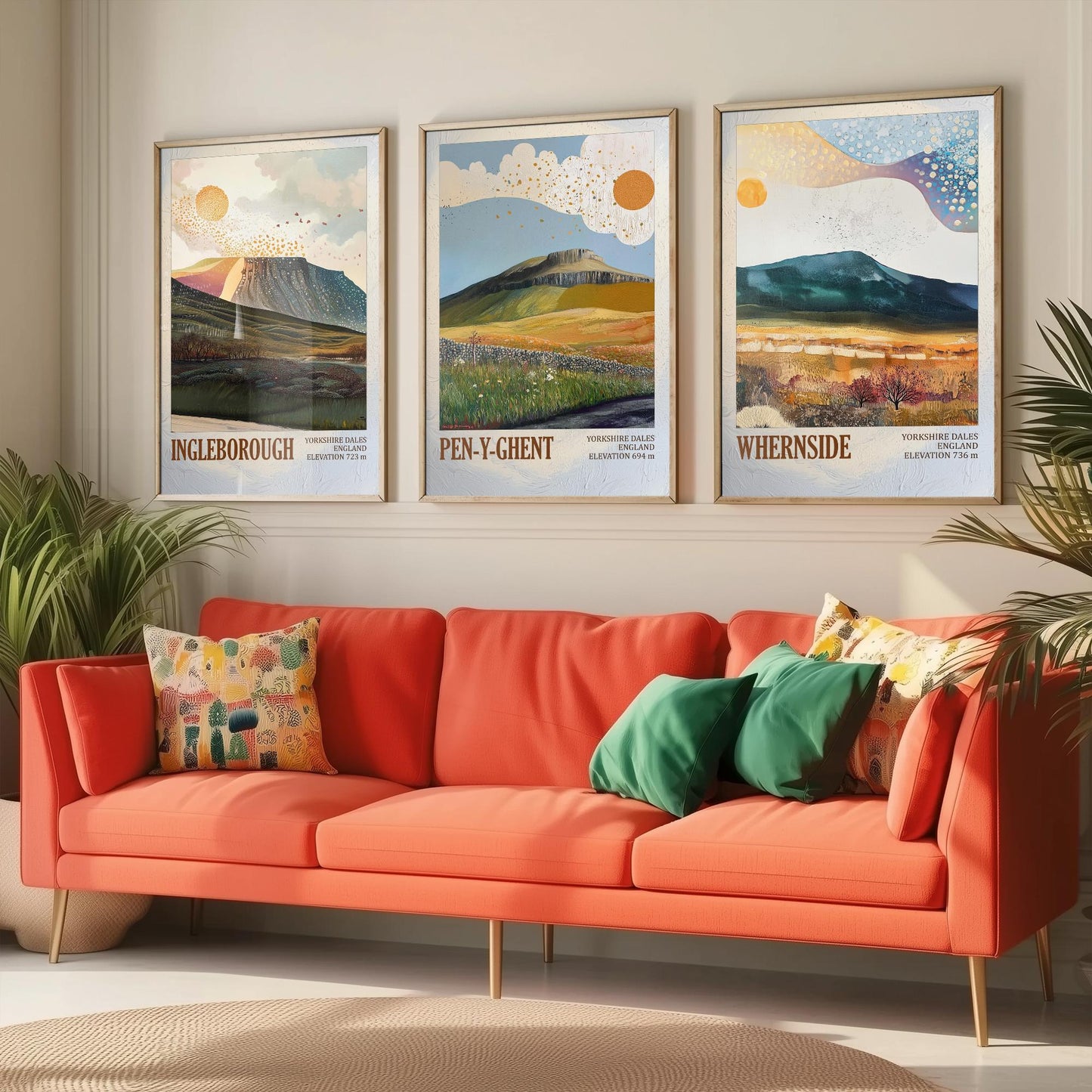 Yorkshire Three Peaks Set of Three Art Prints - Layers of Foil Ingleborough Pen-y-ghent Whernside - 3 Dales Mountain Posters Painting V2