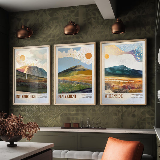 Yorkshire Three Peaks Set of Three Art Prints - Layers of Foil Ingleborough Pen-y-ghent Whernside - 3 Dales Mountain Posters Painting V2