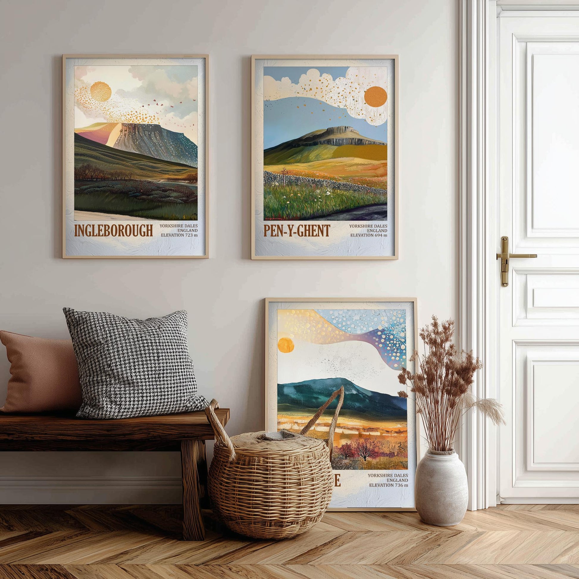Yorkshire Three Peaks Set of Three Art Prints - Layers of Foil Ingleborough Pen-y-ghent Whernside - 3 Dales Mountain Posters Painting V2