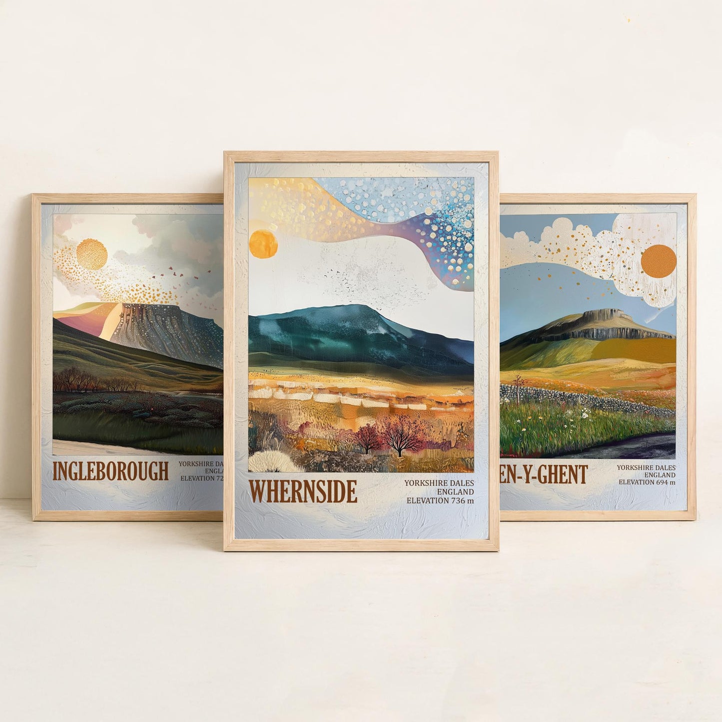 Yorkshire Three Peaks Set of Three Art Prints - Layers of Foil Ingleborough Pen-y-ghent Whernside - 3 Dales Mountain Posters Painting V2