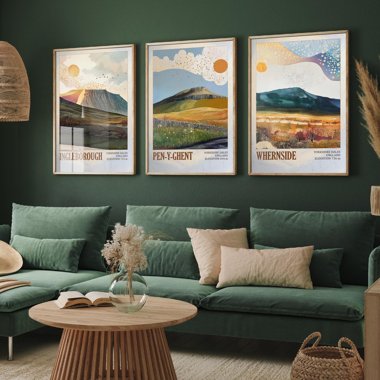Yorkshire Three Peaks Set of Three Art Prints - Layers of Foil Ingleborough Pen-y-ghent Whernside - 3 Dales Mountain Posters Painting V2