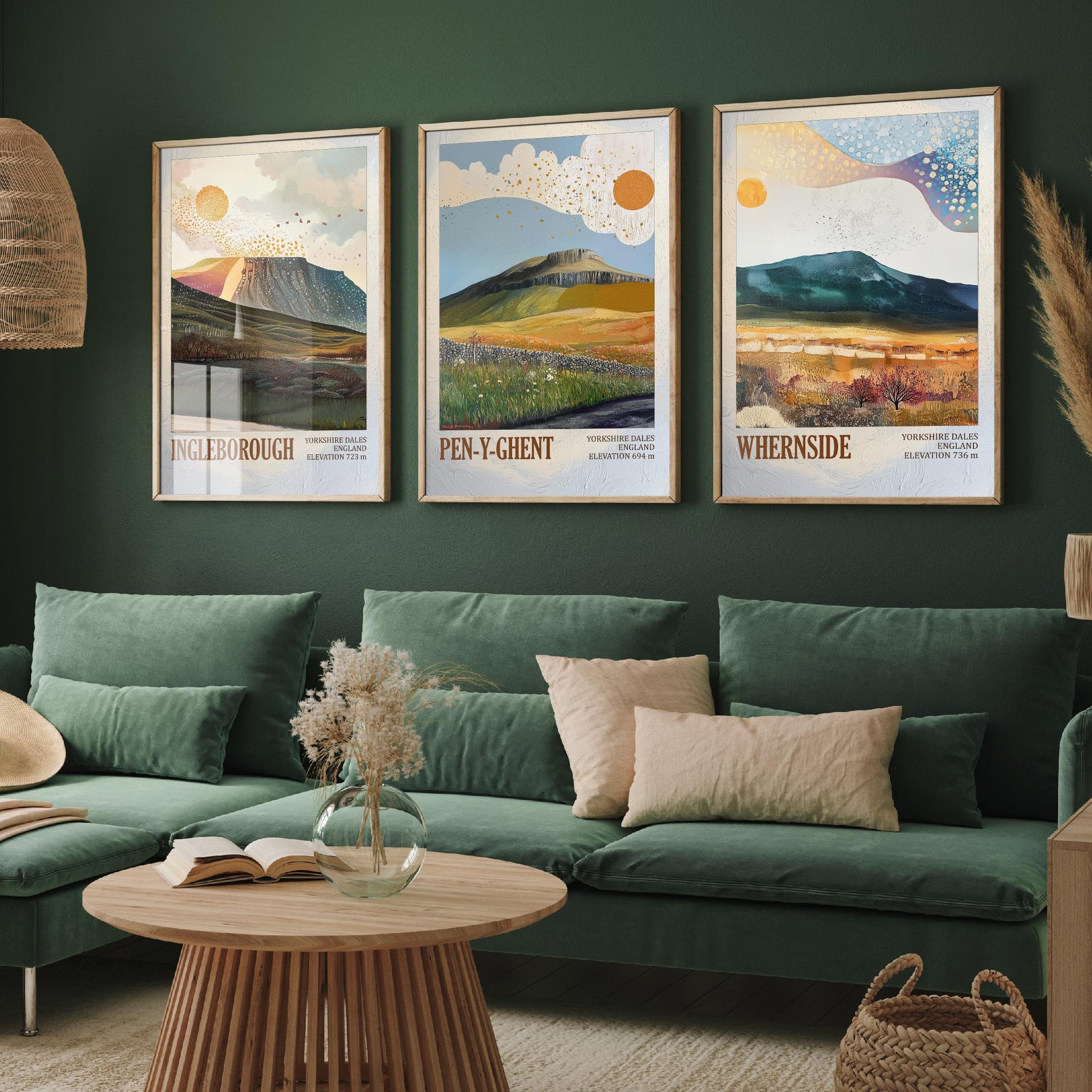 Yorkshire Three Peaks Set of Three Art Prints - Layers of Foil Ingleborough Pen-y-ghent Whernside - 3 Dales Mountain Posters Painting V2