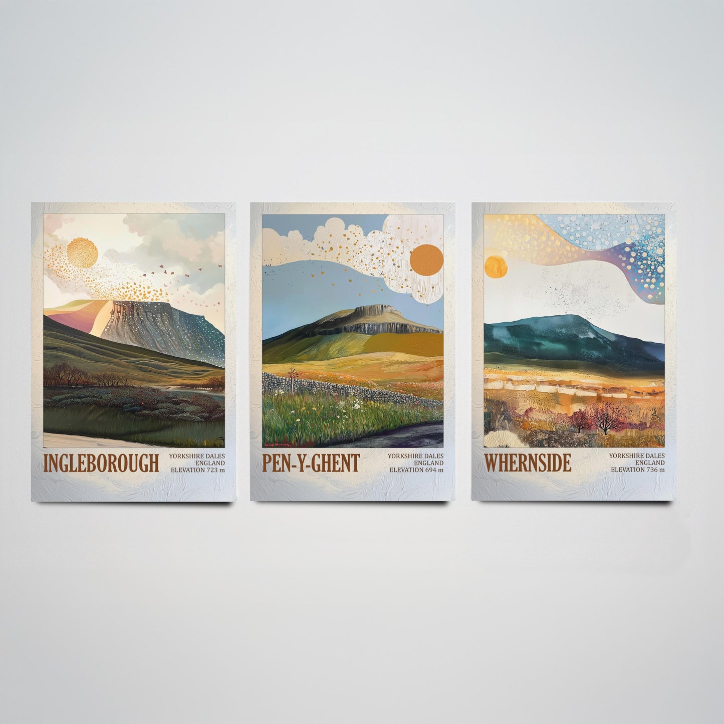Yorkshire Three Peaks Set of Three Art Prints - Layers of Foil Ingleborough Pen-y-ghent Whernside - 3 Dales Mountain Posters Painting V2