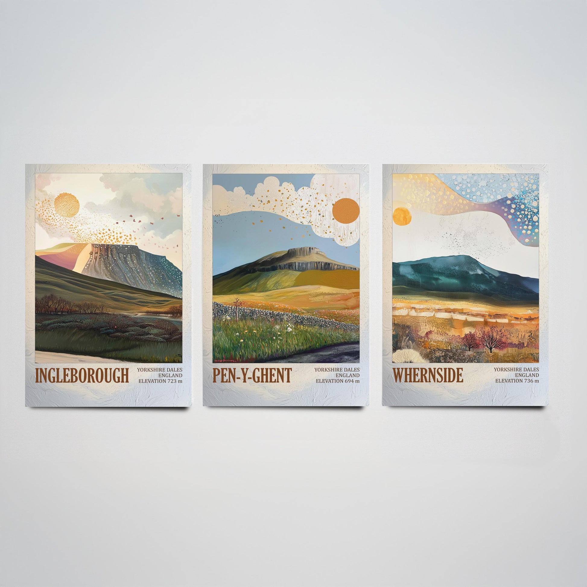 Yorkshire Three Peaks Set of Three Art Prints - Layers of Foil Ingleborough Pen-y-ghent Whernside - 3 Dales Mountain Posters Painting V2