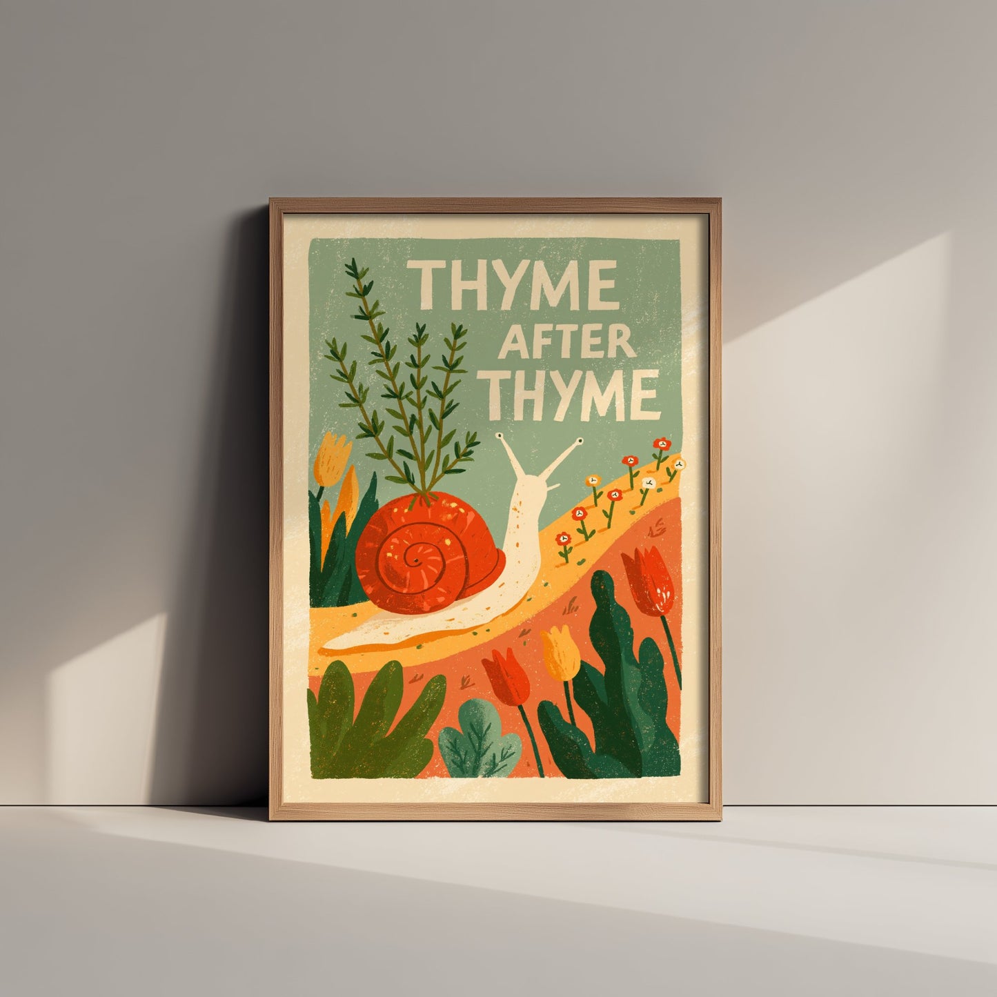 Thyme After Thyme Art Print - Snail and Herb Pun Poster - Retro Garden Illustration for the Kitchen