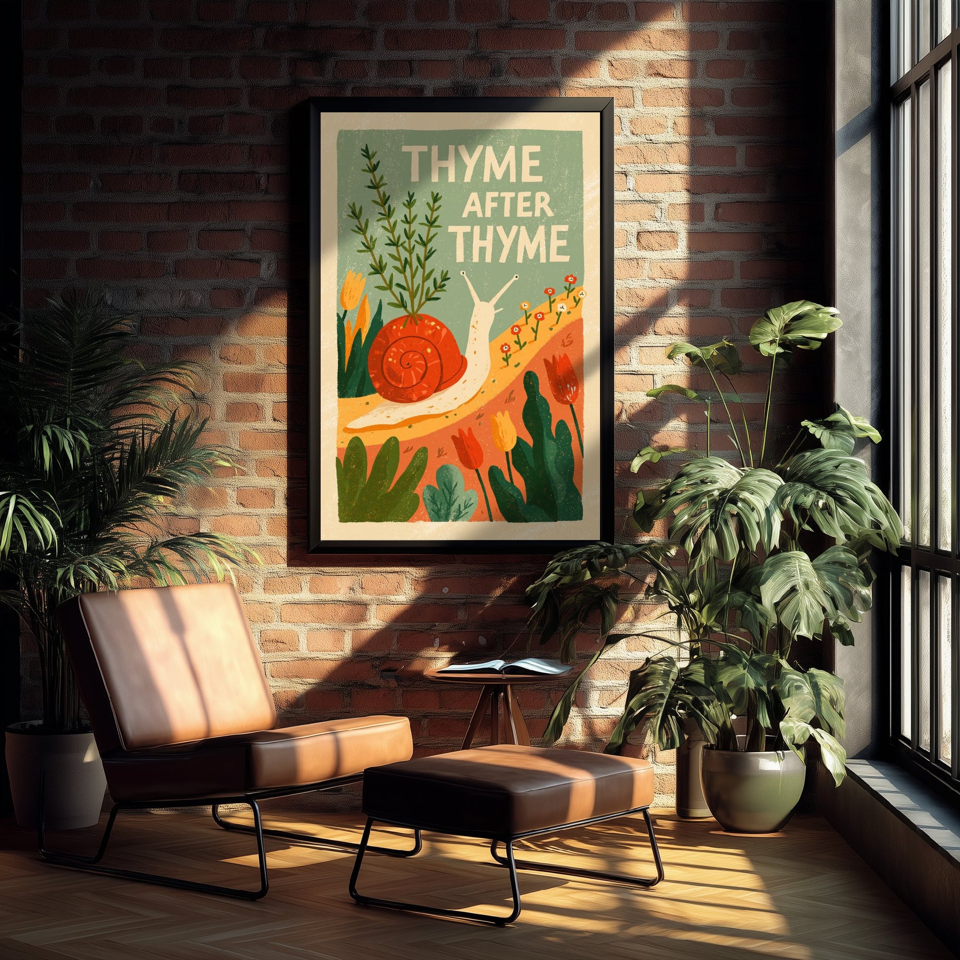 Thyme After Thyme Art Print - Snail and Herb Pun Poster - Retro Garden Illustration for the Kitchen
