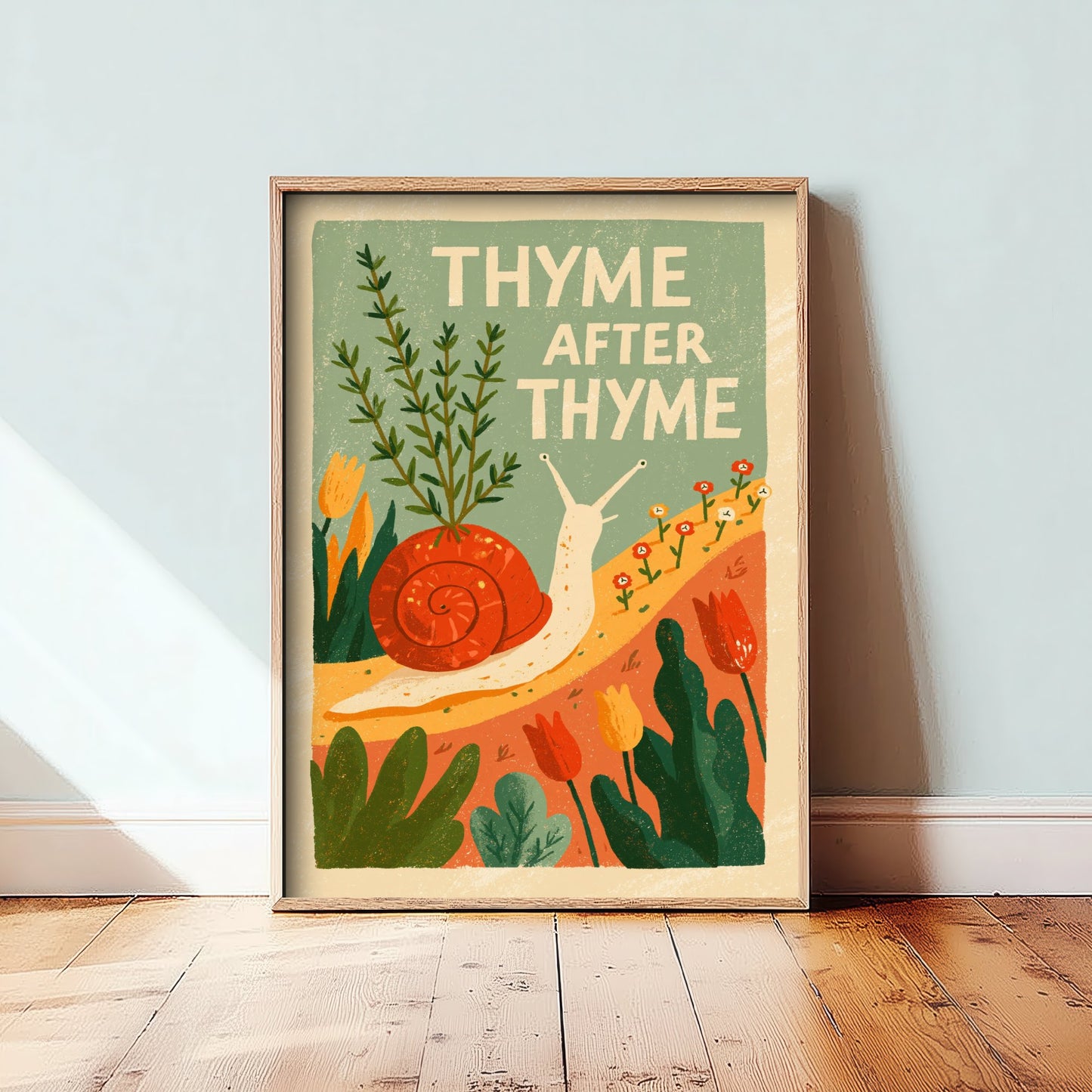 Thyme After Thyme Art Print - Snail and Herb Pun Poster - Retro Garden Illustration for the Kitchen