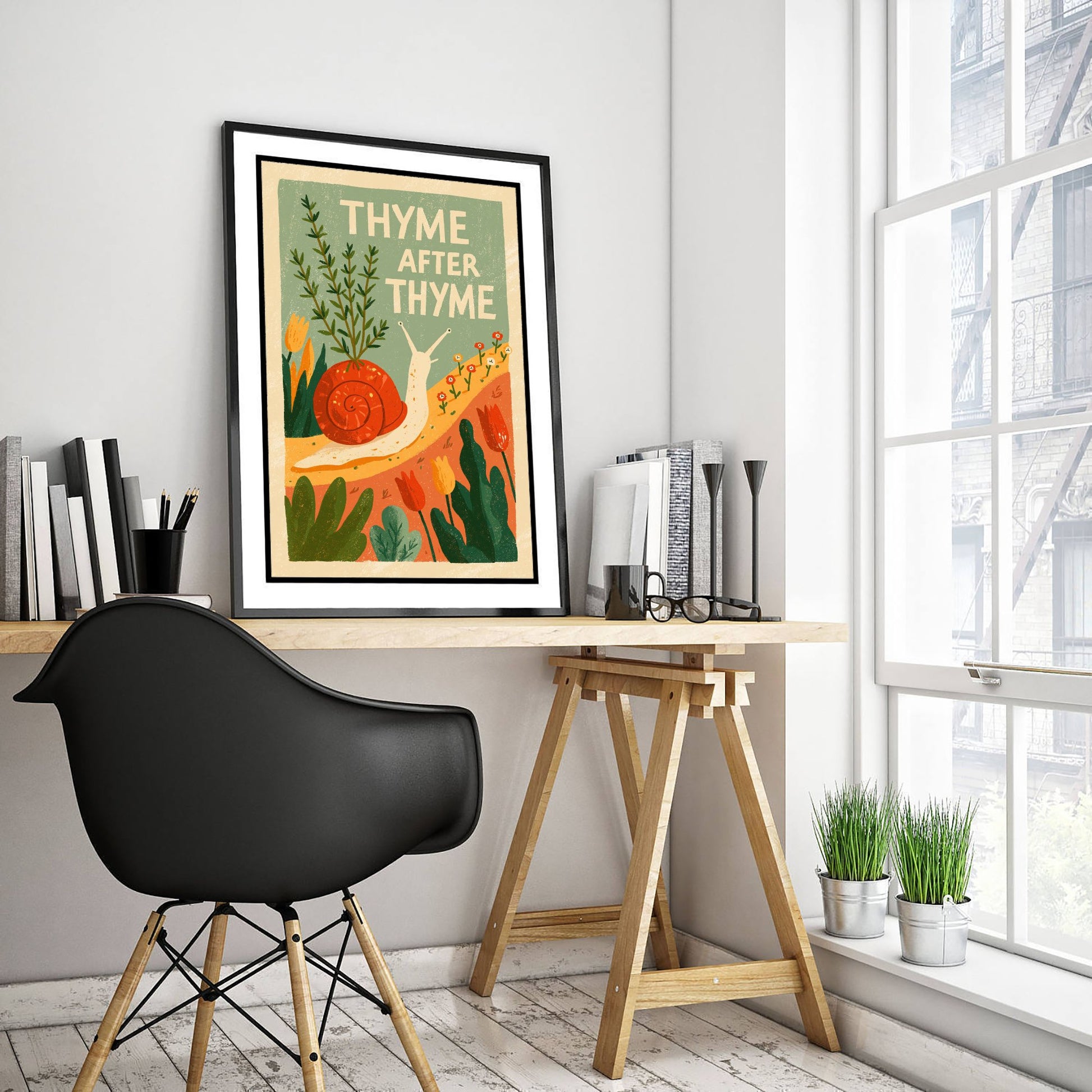Thyme After Thyme Art Print - Snail and Herb Pun Poster - Retro Garden Illustration for the Kitchen