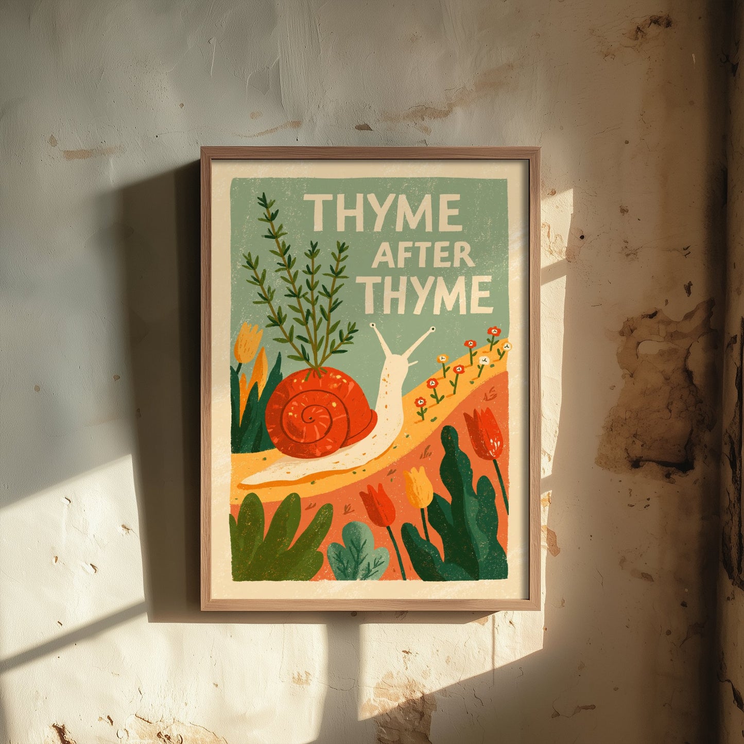 Thyme After Thyme Art Print - Snail and Herb Pun Poster - Retro Garden Illustration for the Kitchen