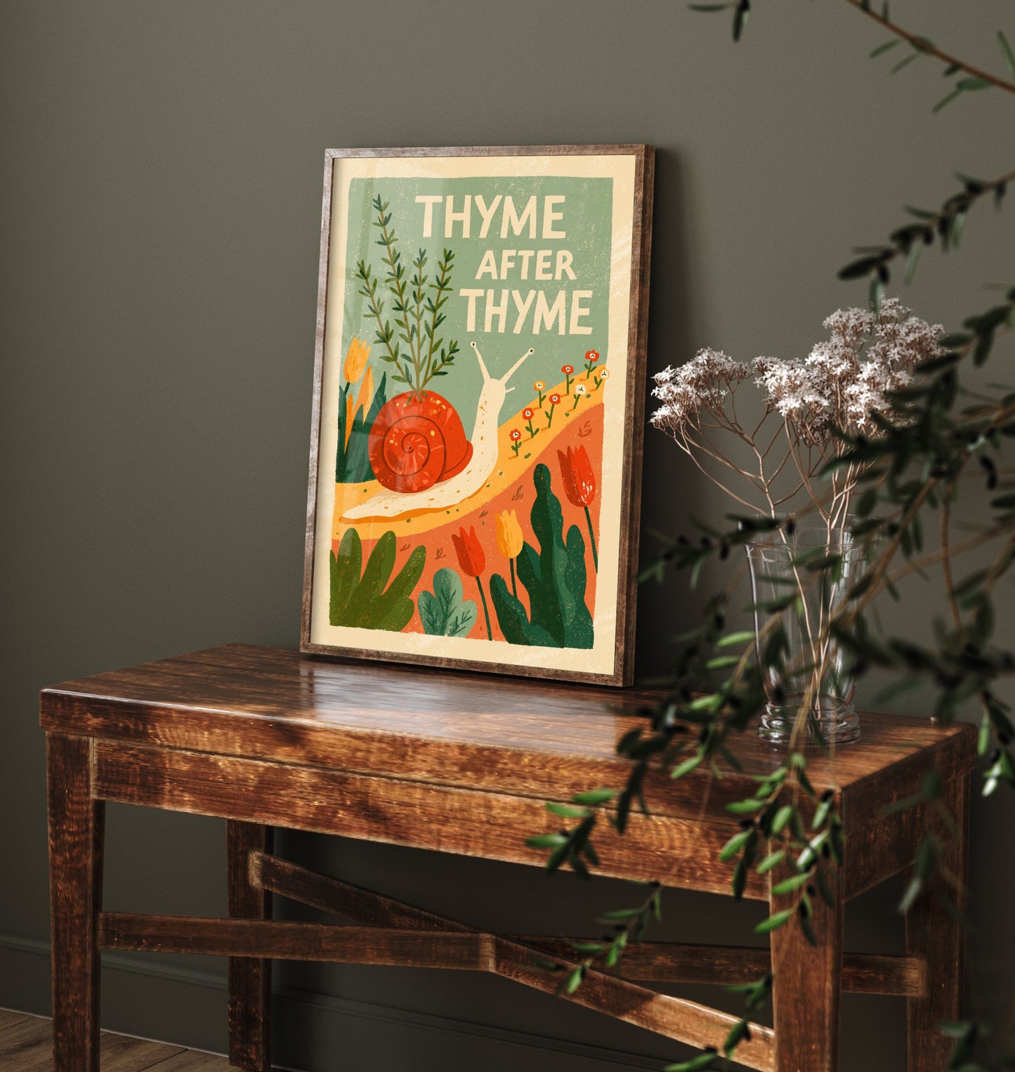 Thyme After Thyme Art Print - Snail and Herb Pun Poster - Retro Garden Illustration for the Kitchen